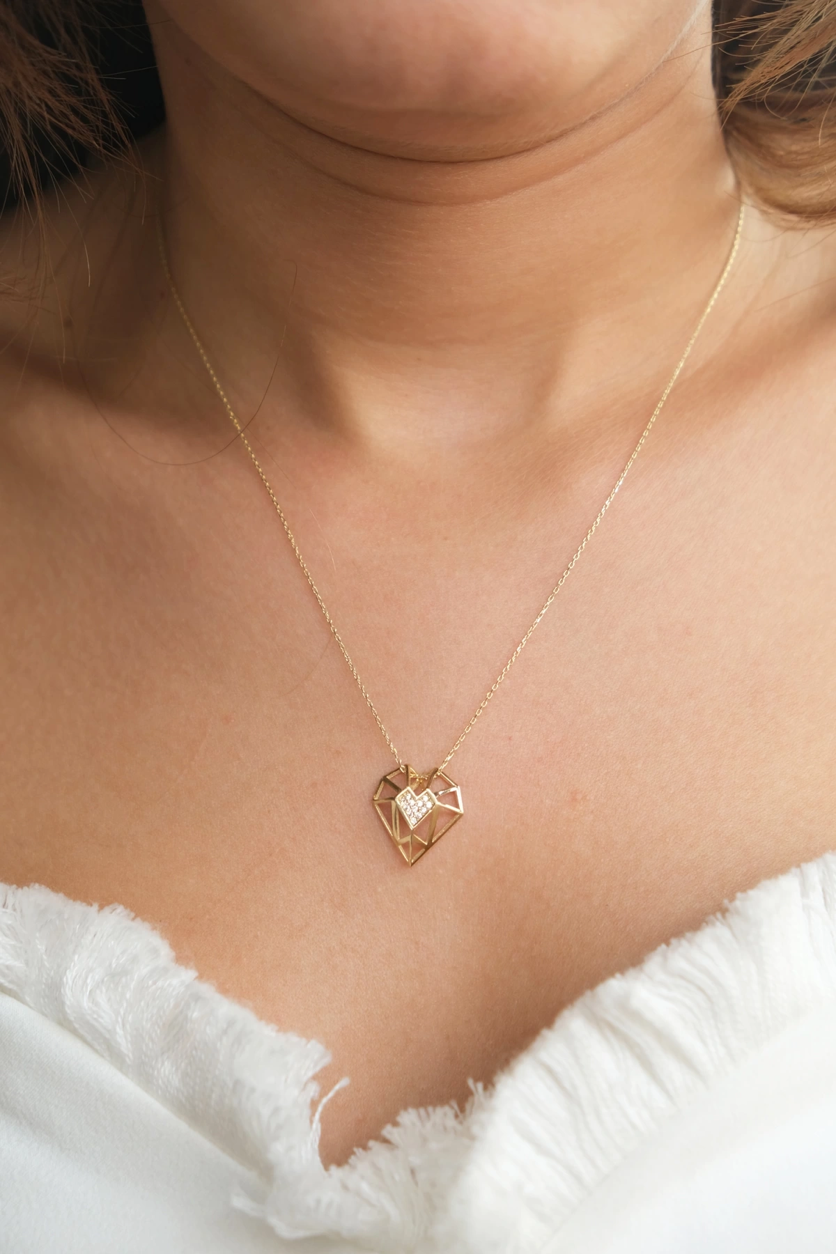 Asil 14 Ayar Geometrik Kesim Kalp Altın Kolye KLY3374