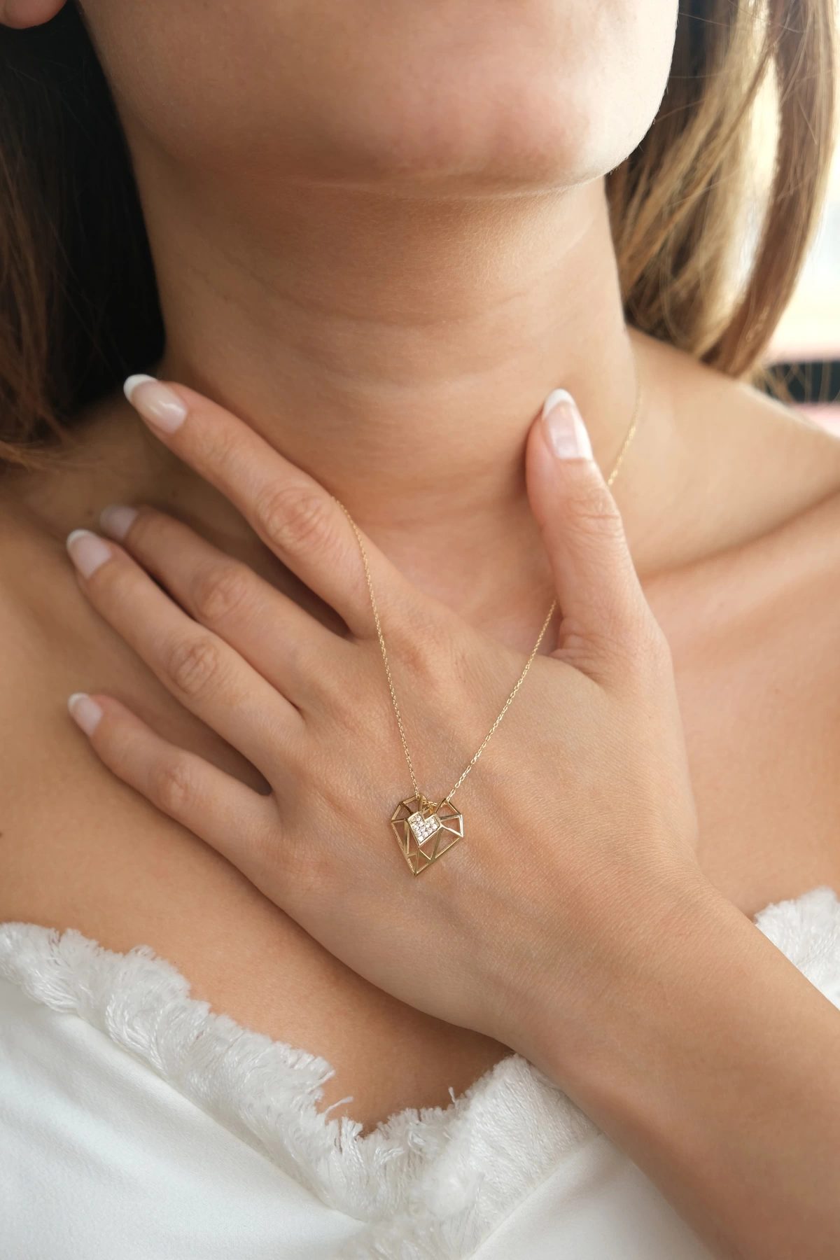 Asil 14 Ayar Geometrik Kesim Kalp Altın Kolye KLY3374