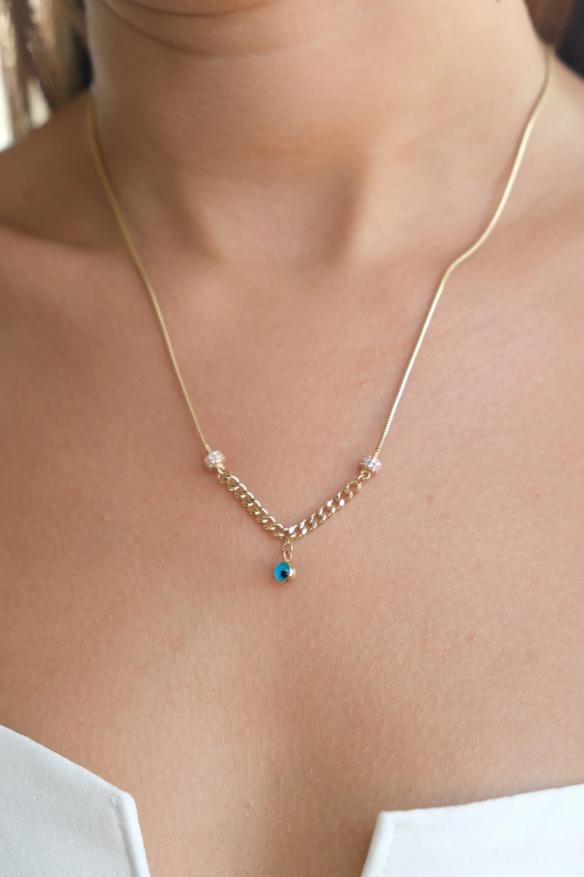 Asil 14 Ayar Nazar Boncuklu Zincir Altın Kolye KLY2244