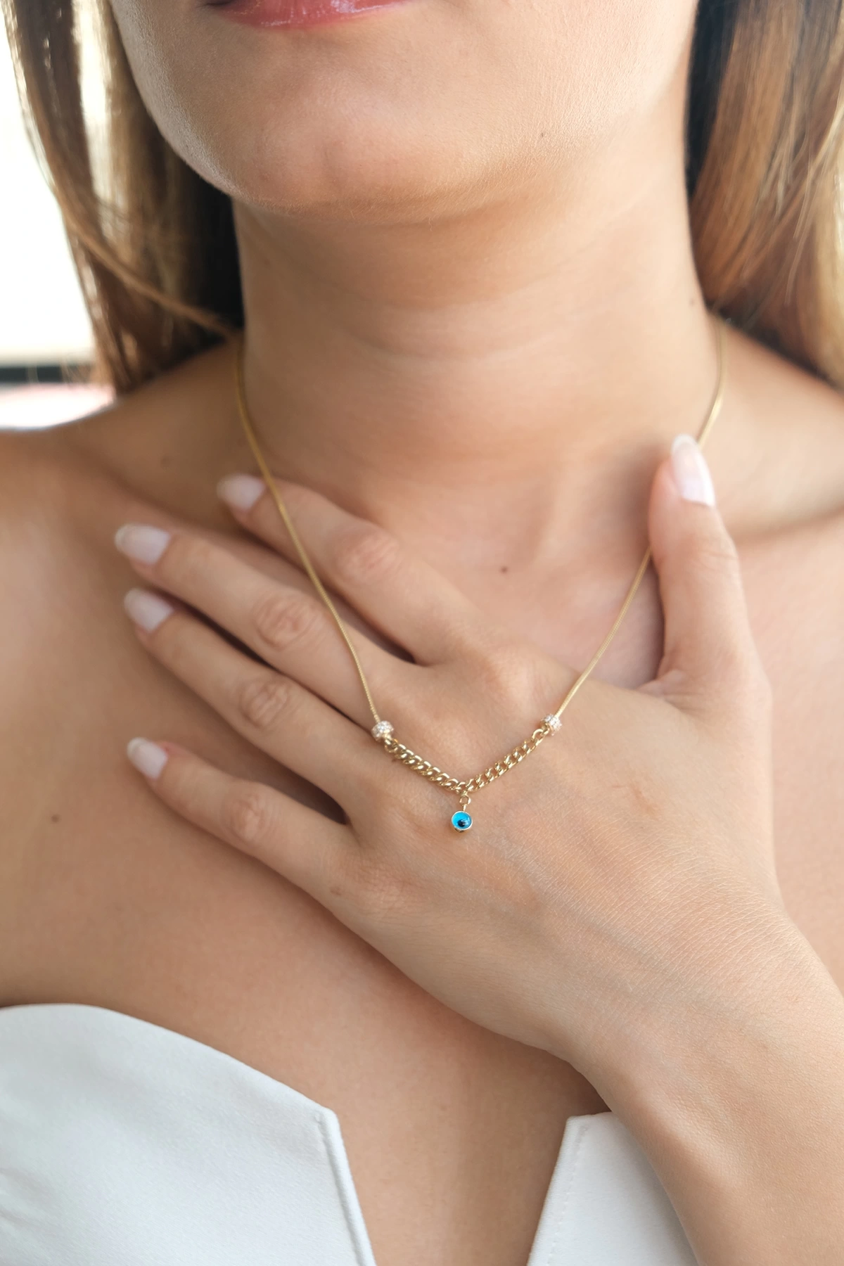 Asil 14 Ayar Nazar Boncuklu Zincir Altın Kolye KLY2244