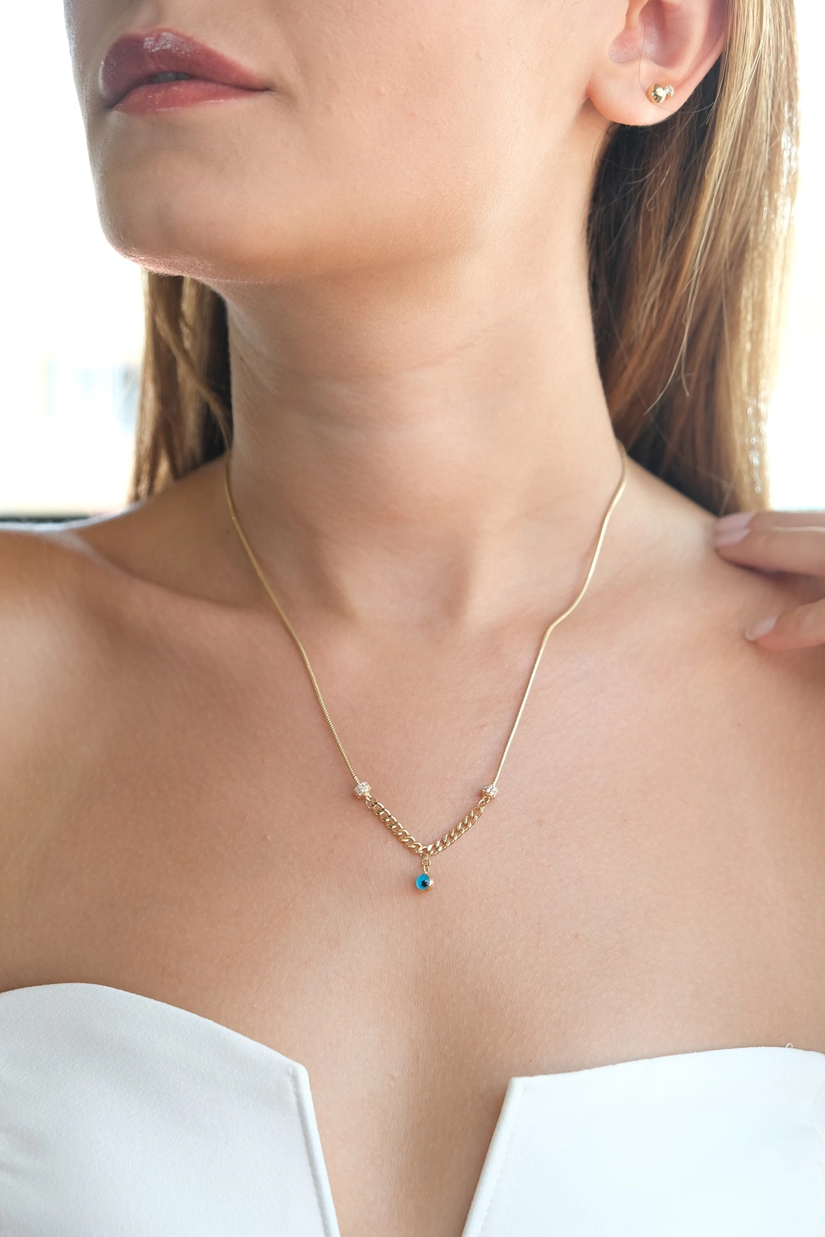 Asil 14 Ayar Nazar Boncuklu Zincir Altın Kolye KLY2244