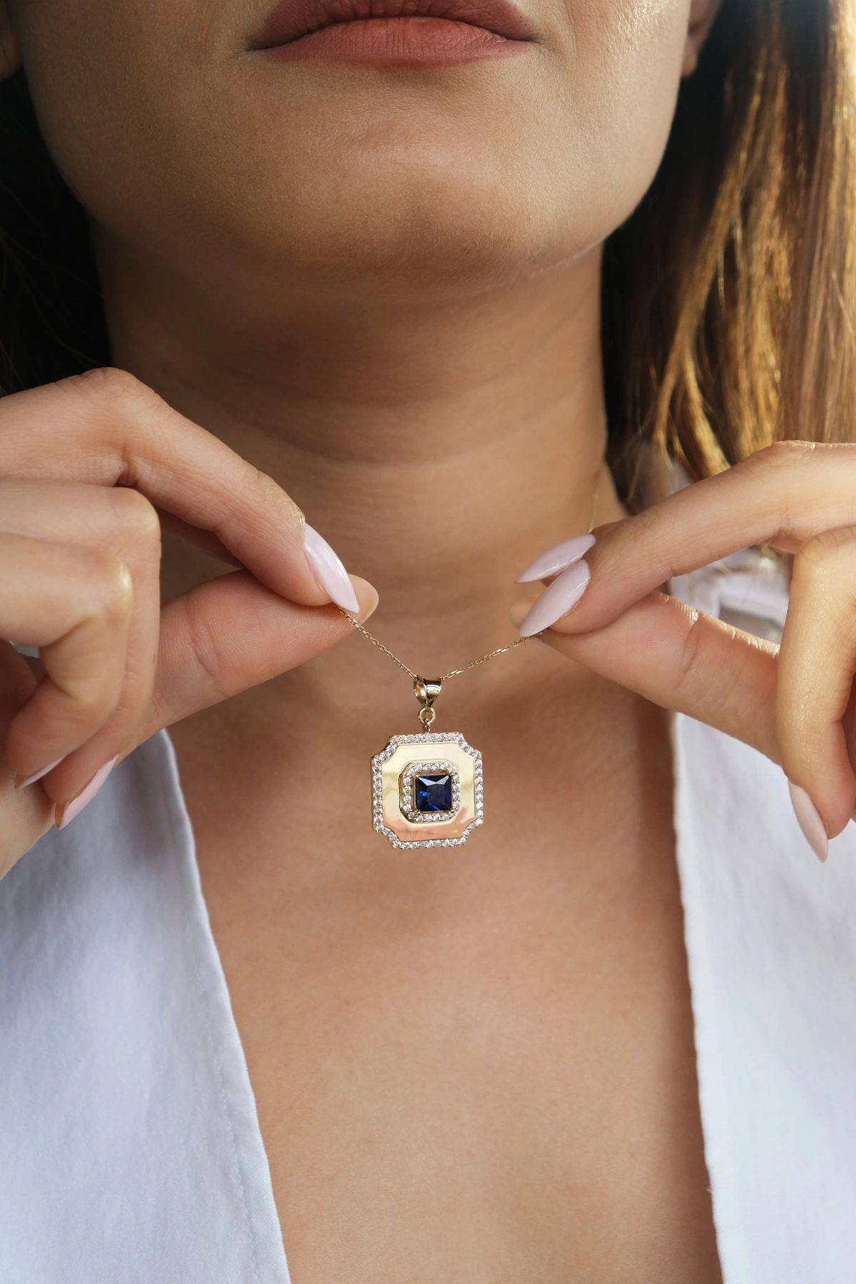 Asil 14 Ayar Mavi Taşlı Kare Altın Kolye Ucu KLU1816