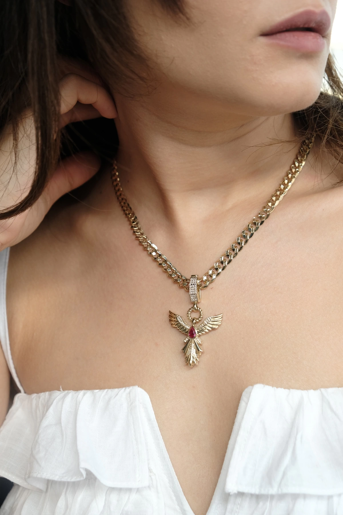 Asil 14 Ayar ÇağlaXEma Pembe Taşlı Anka Kuşu Altın Charm KLU1871