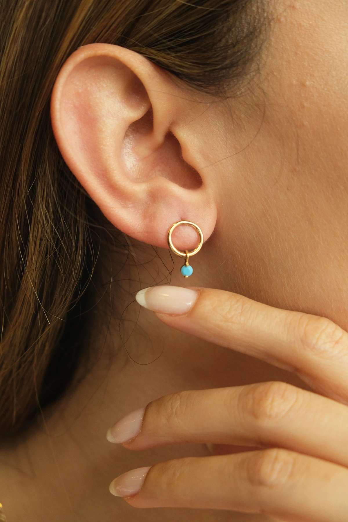 Asil 14 Ayar Turkuaz Taşlı Mini Halka Altın Küpe KP3650