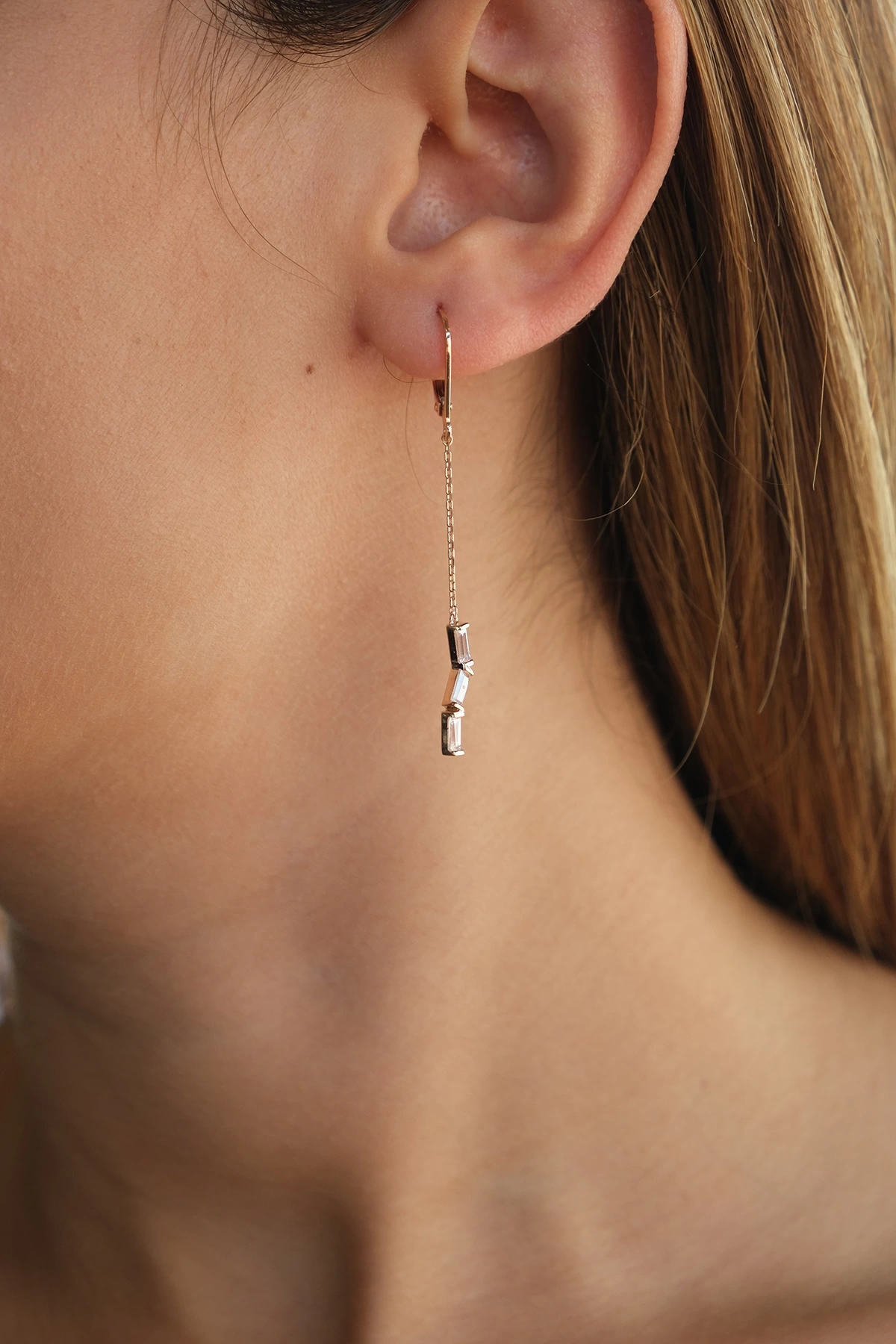 Asil 14 Ayar Baget Taşlı Rose Altın Küpe KP2029