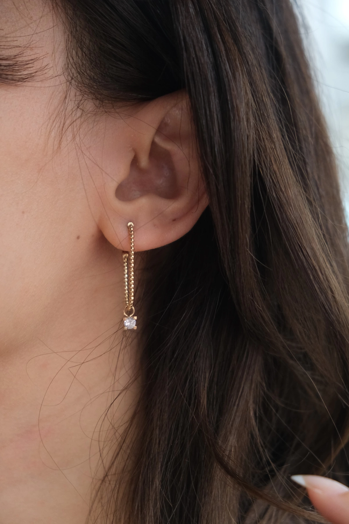 Asil 14 Ayar Dikdörtgen Tek Taşlı Halka Altın Küpe KP1839