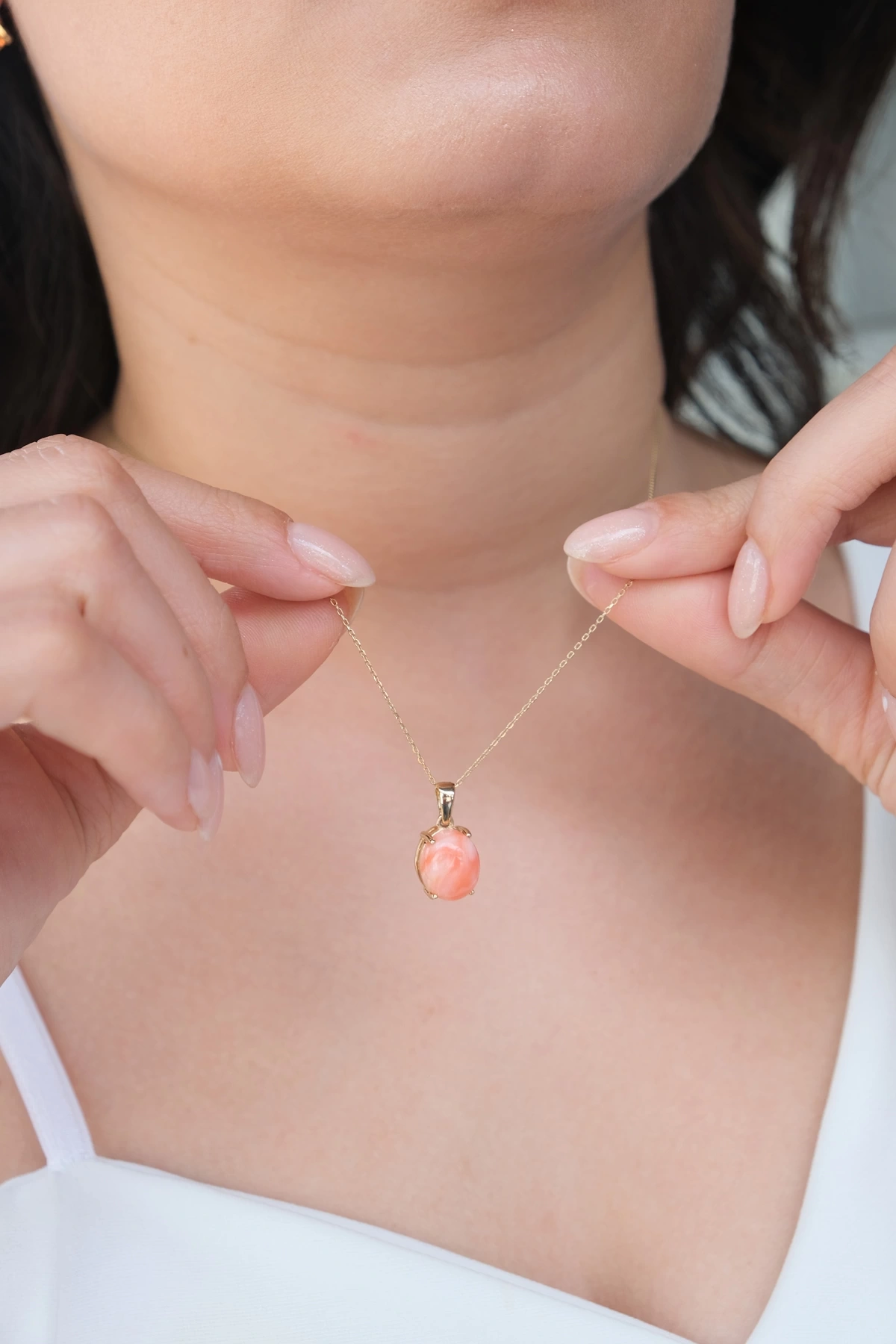 Asil 14 Ayar Taşlı Somon Rengi Oval Altın Kolye TKM1533