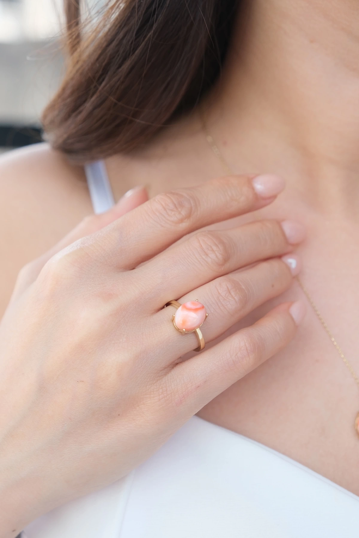 Asil 14 Ayar Taşlı Somon Rengi Oval Altın Yüzük TKM1534