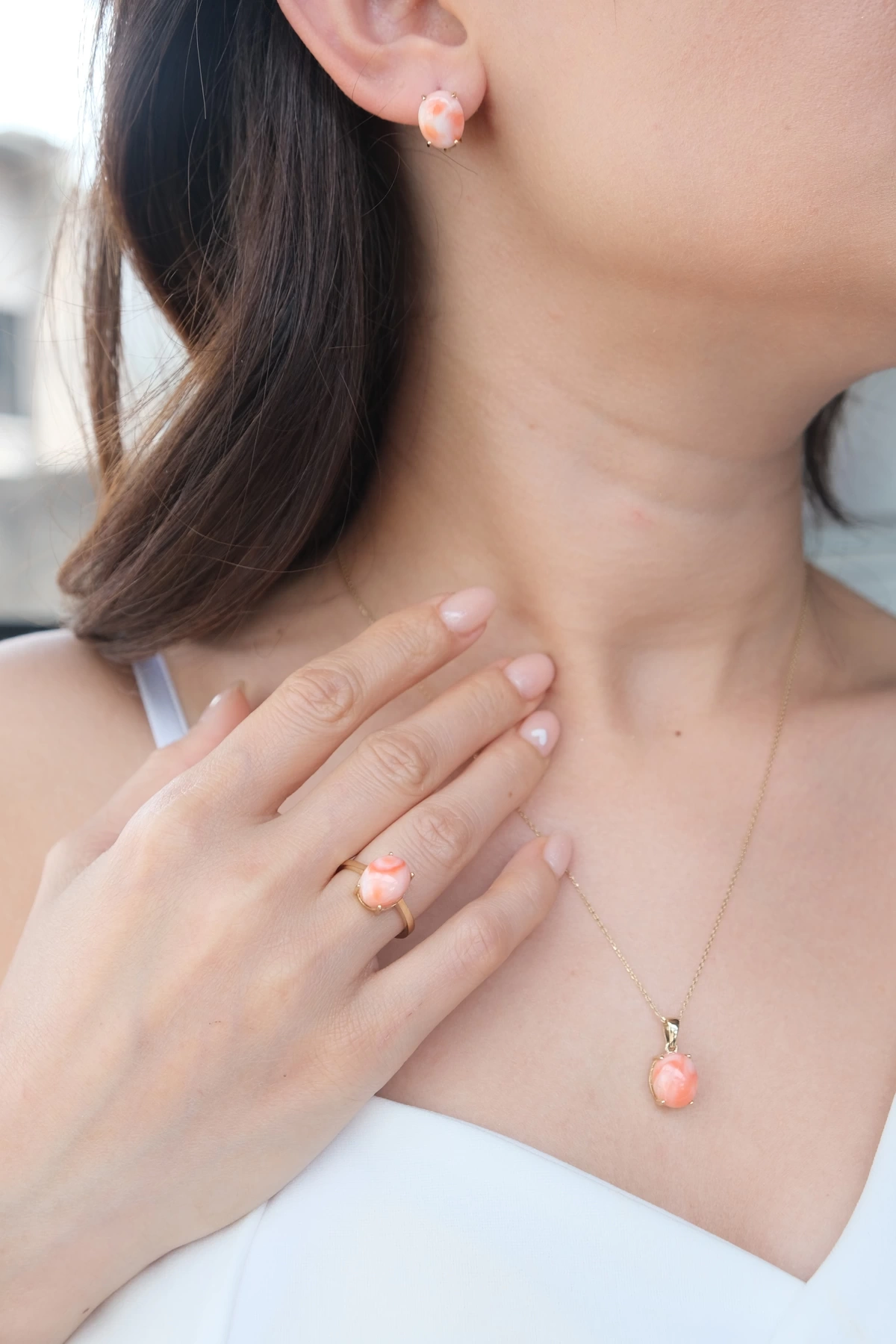 Asil 14 Ayar Taşlı Somon Rengi Oval Altın Yüzük TKM1534