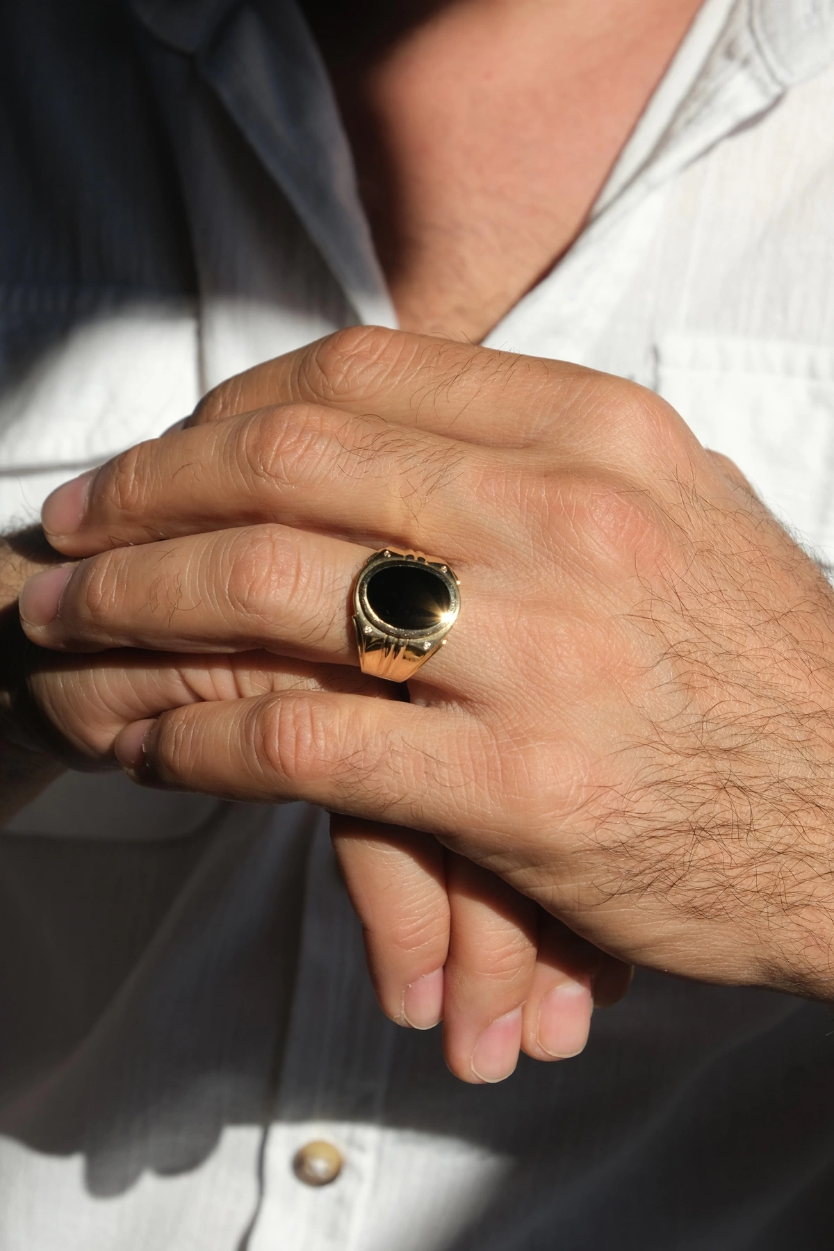 Asil 14 Ayar Oval Oniks Taşlı Erkek Altın Yüzük YZK3066