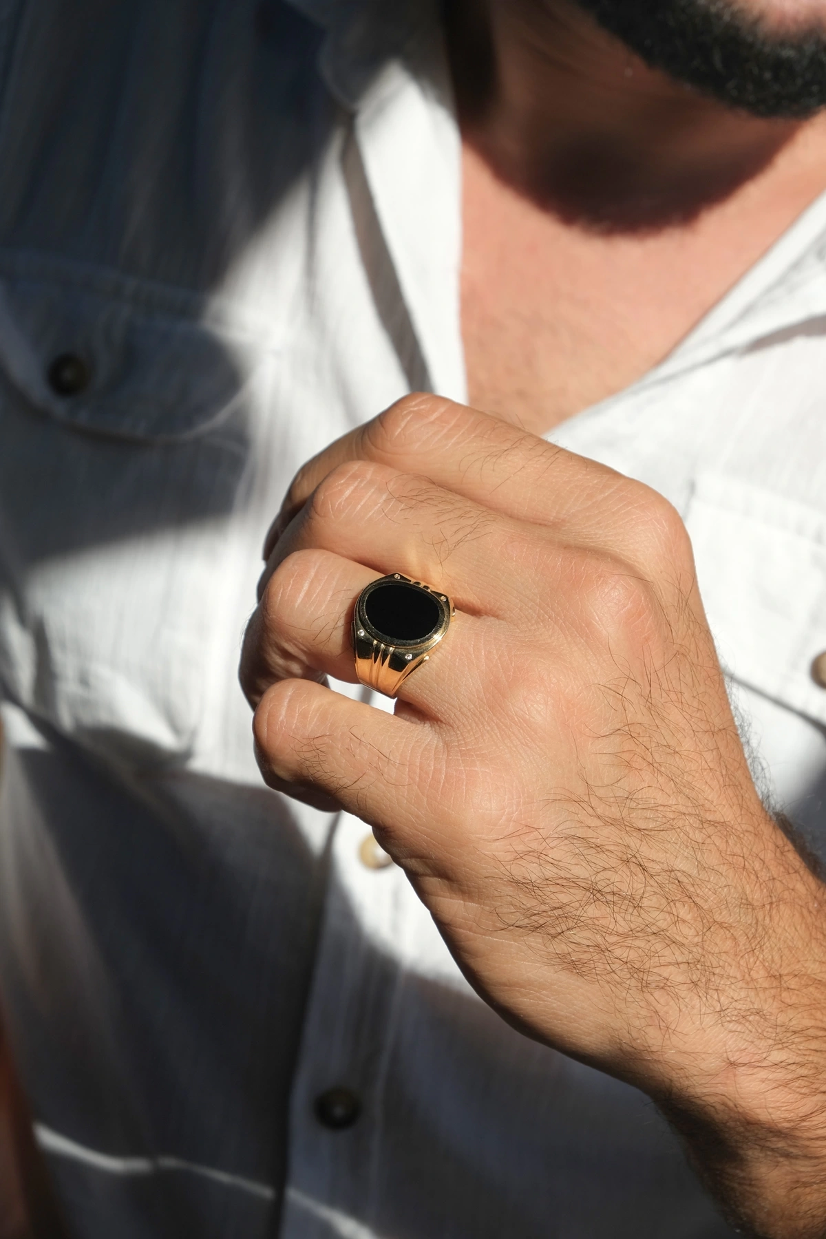 Asil 14 Ayar Oval Oniks Taşlı Erkek Altın Yüzük YZK3066