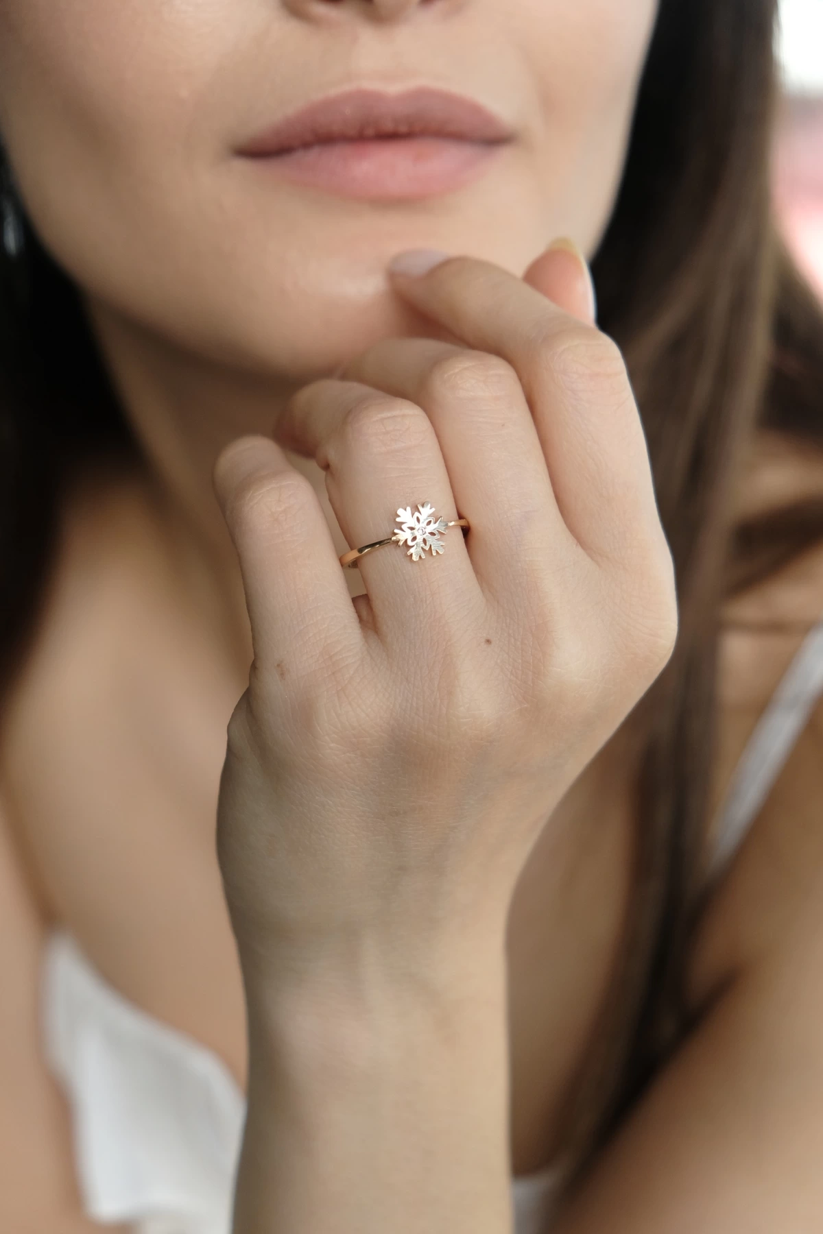 Asil 14 Ayar Ortası Taşlı Kar Tanesi Altın Yüzük YZK790