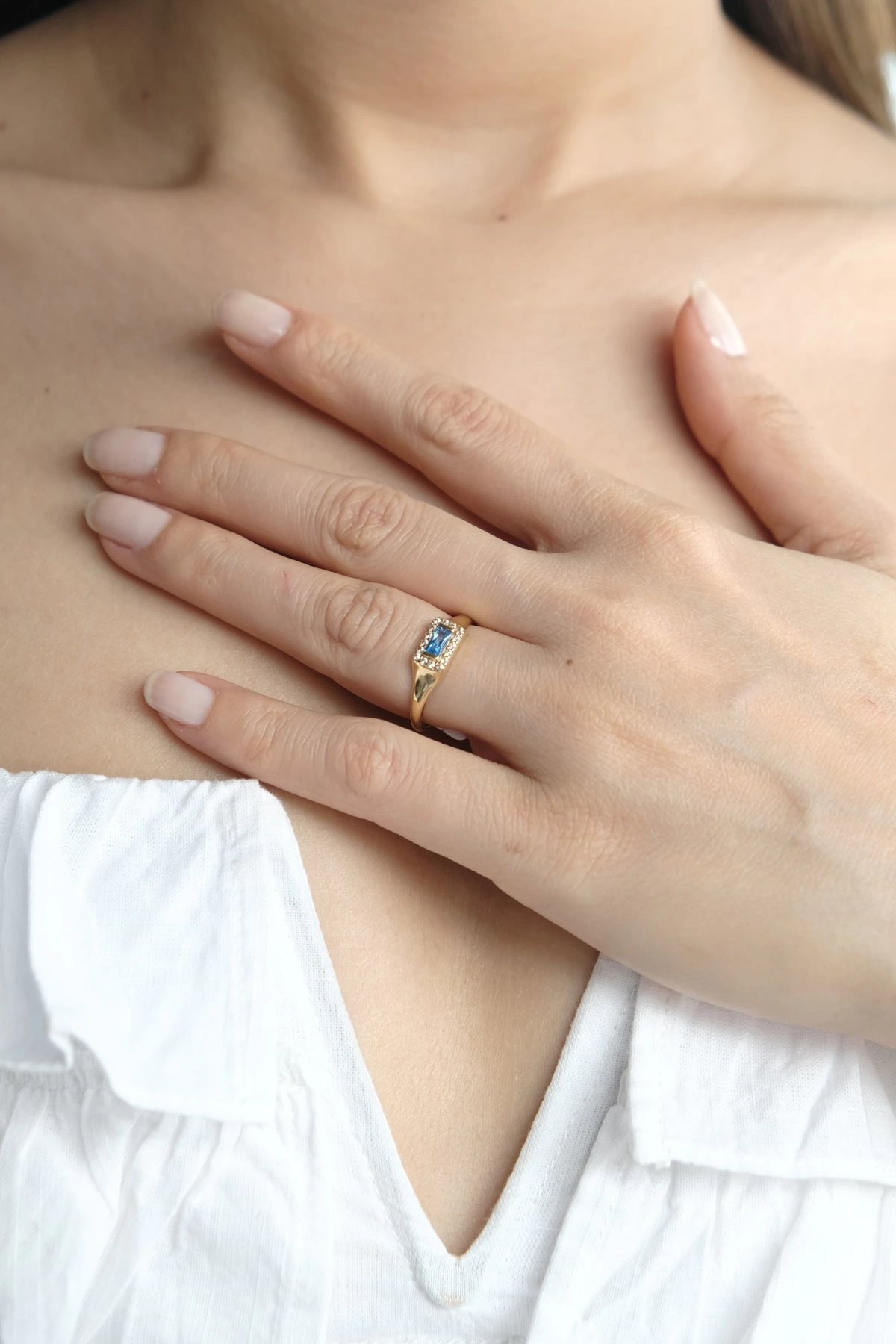 Asil 14 Ayar Mavi Baget Vintage Altın Yüzük YZK2873