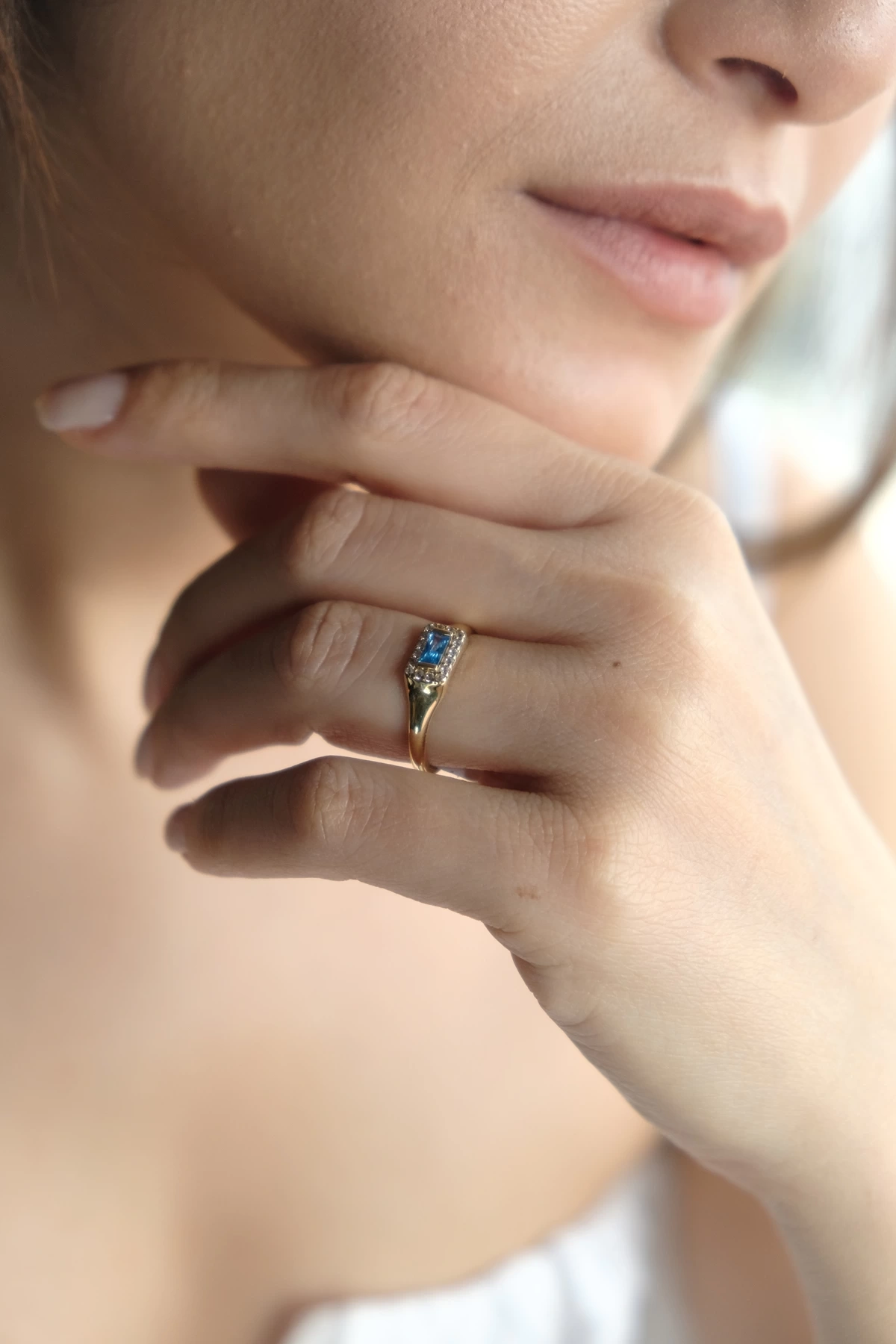 Asil 14 Ayar Mavi Baget Vintage Altın Yüzük YZK2873