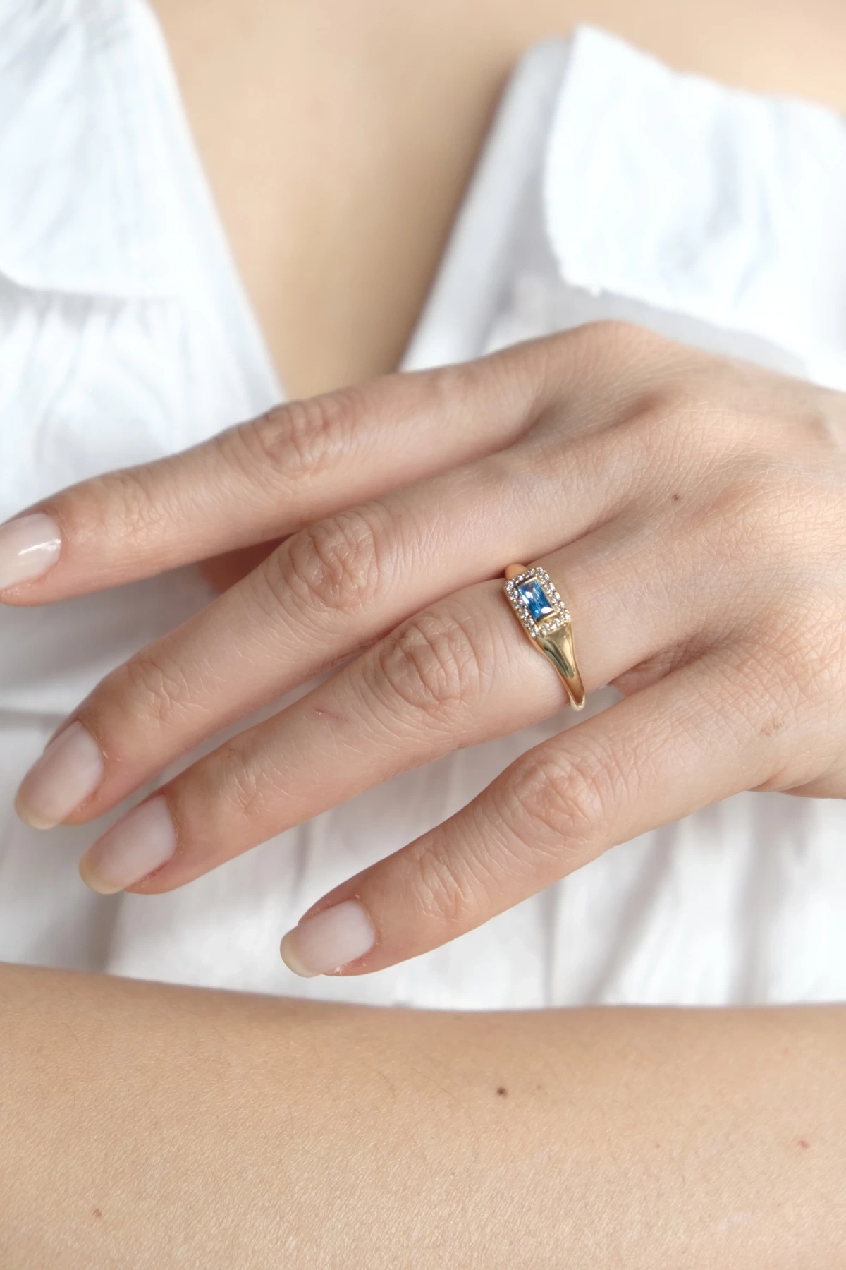 Asil 14 Ayar Mavi Baget Vintage Altın Yüzük YZK2873