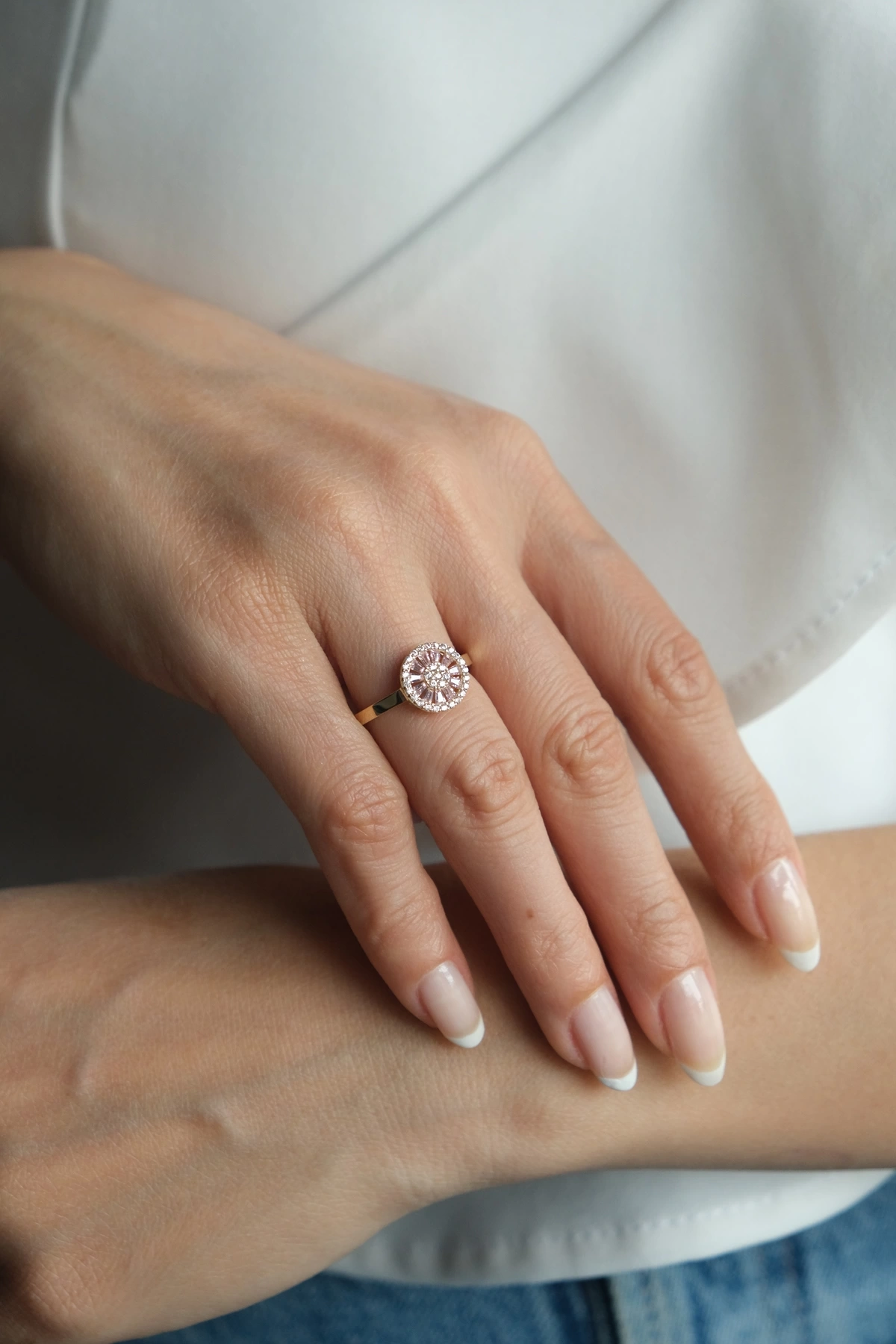 Asil 14 Ayar Pembe Beyaz Taşlı Altın Yüzük YZK3286