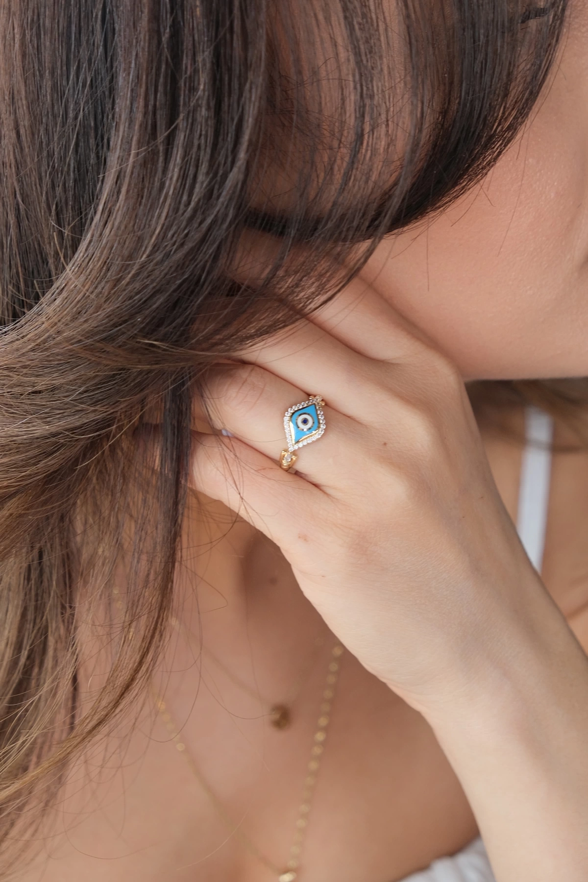 Asil 14 Ayar Mavi Mineli Nazar Altın Yüzük YZK3427