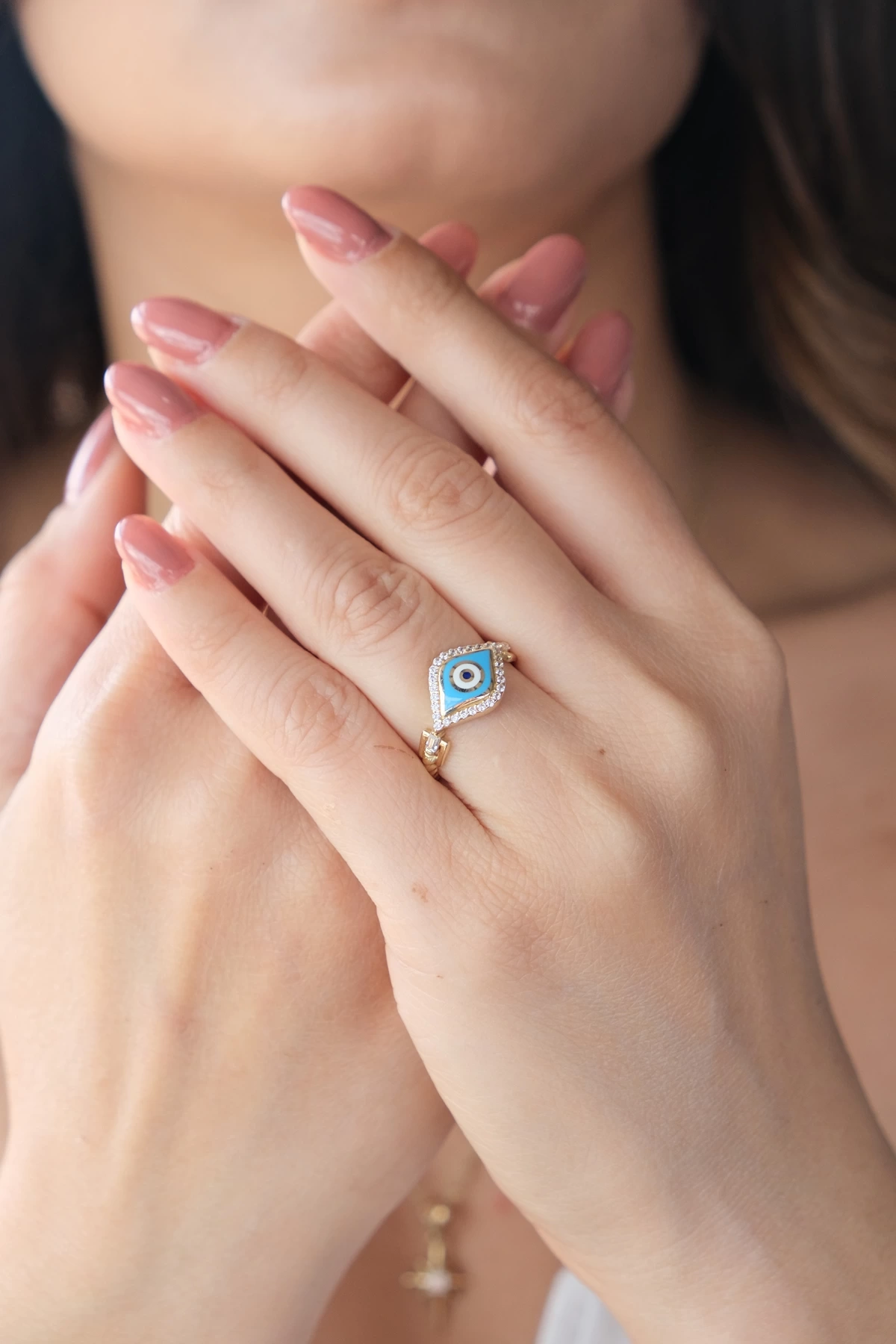 Asil 14 Ayar Mavi Mineli Nazar Altın Yüzük YZK3427