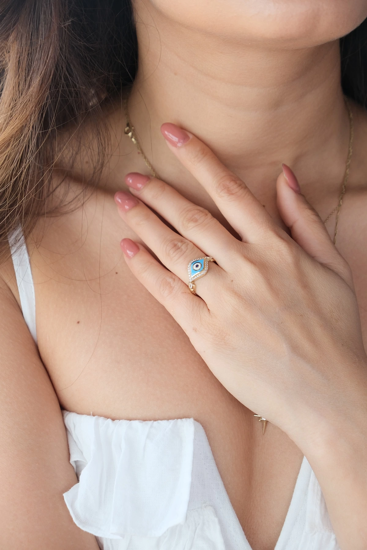 Asil 14 Ayar Mavi Mineli Nazar Altın Yüzük YZK3427