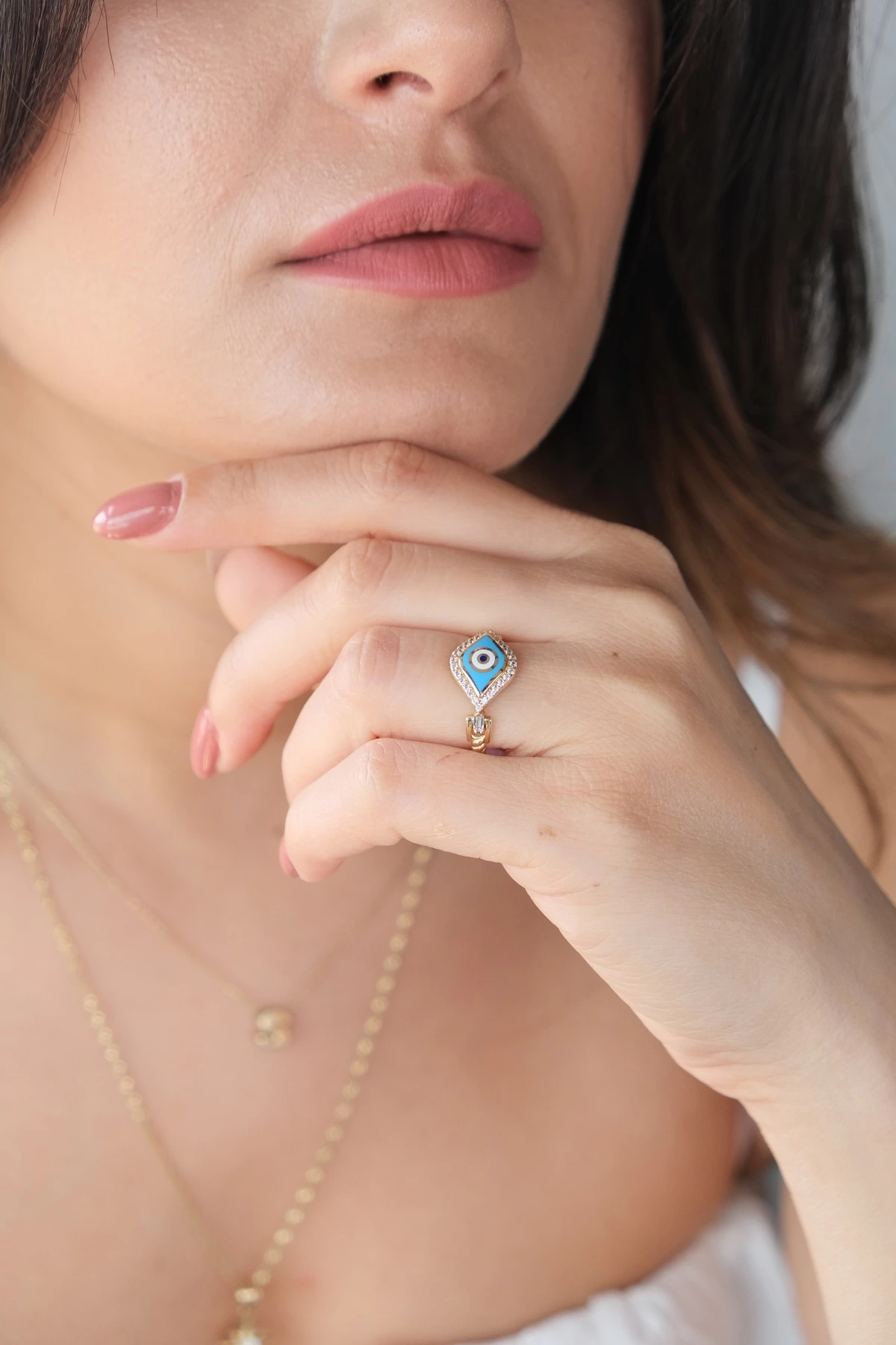 Asil 14 Ayar Mavi Mineli Nazar Altın Yüzük YZK3427