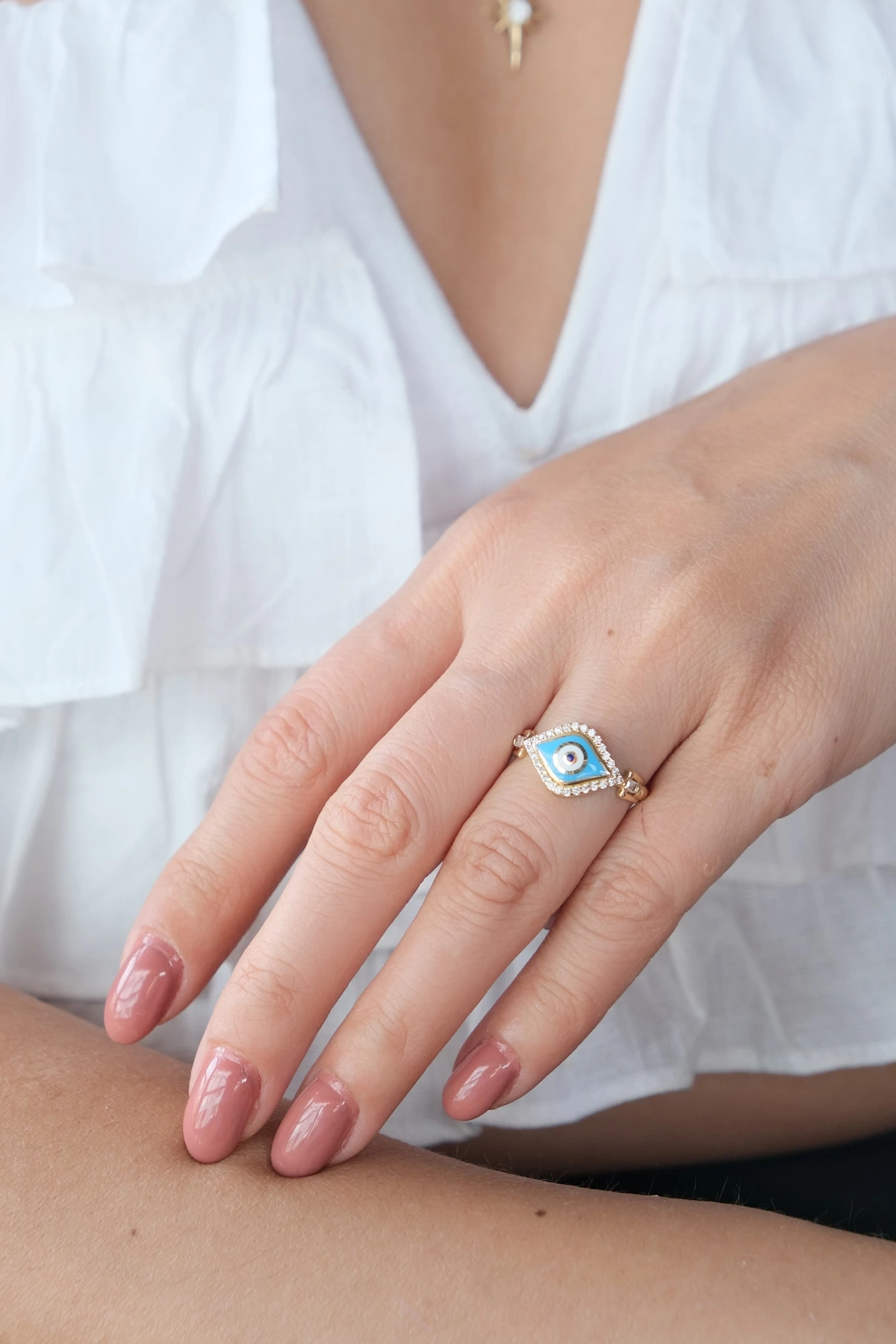 Asil 14 Ayar Mavi Mineli Nazar Altın Yüzük YZK3427