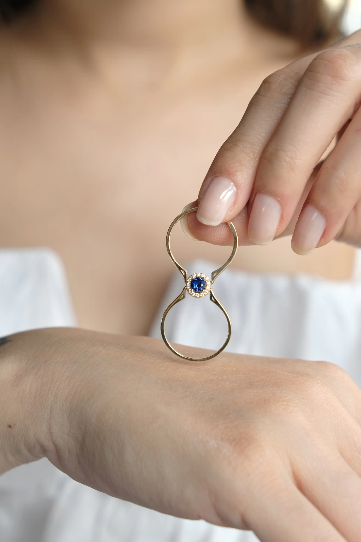 Asil 14 Ayar Mavi ve Yeşil Taşlı Çift Yönlü Altın Yüzük YZK2869