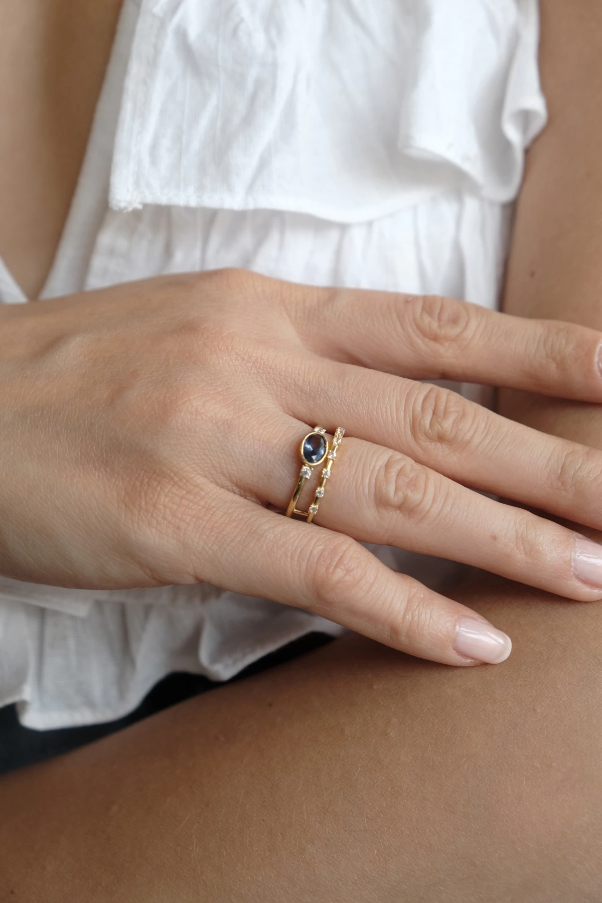 Asil 14 Ayar Mavi Taşlı Çiftli Altın Yüzük YZK2396