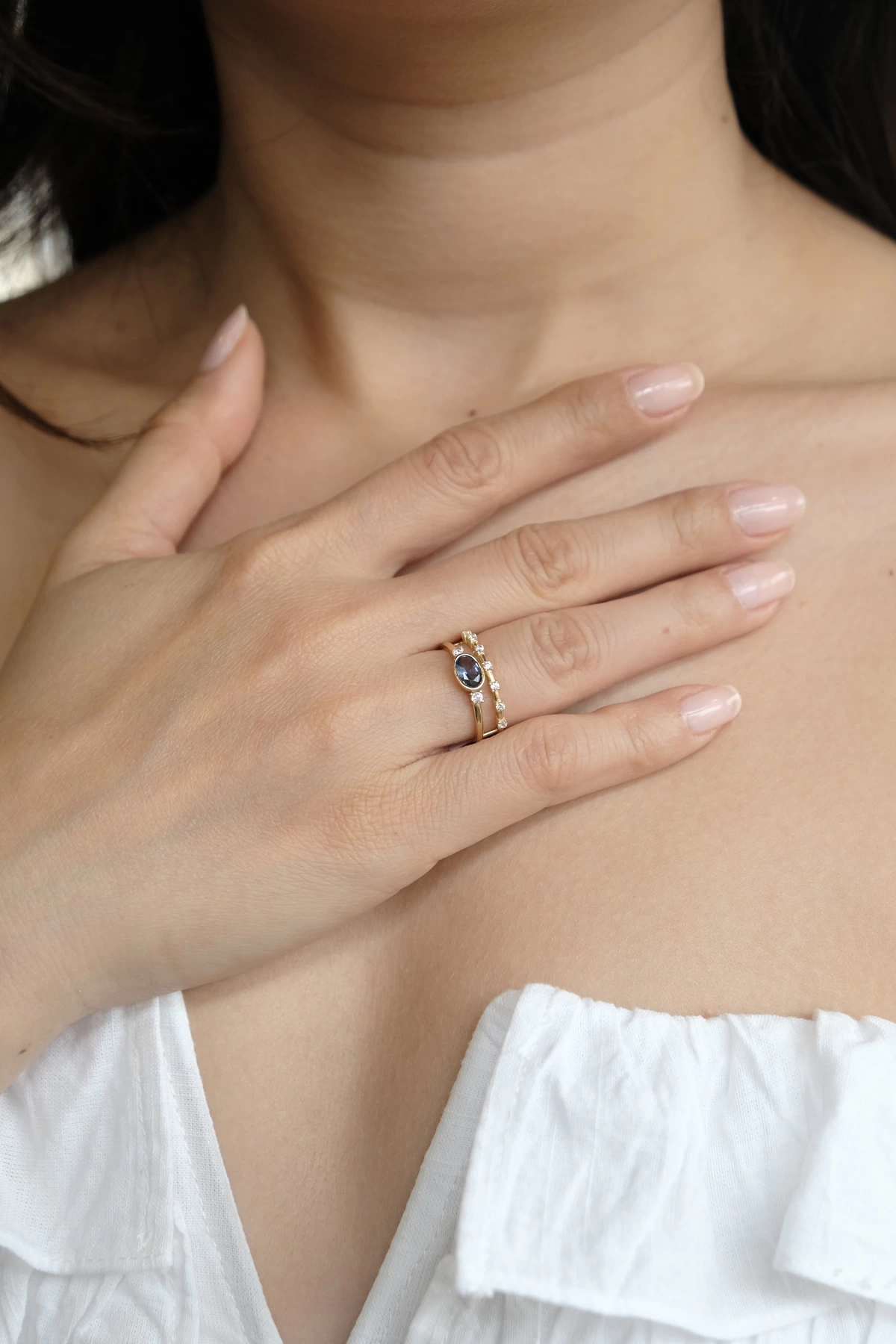 Asil 14 Ayar Mavi Taşlı Çiftli Altın Yüzük YZK2396