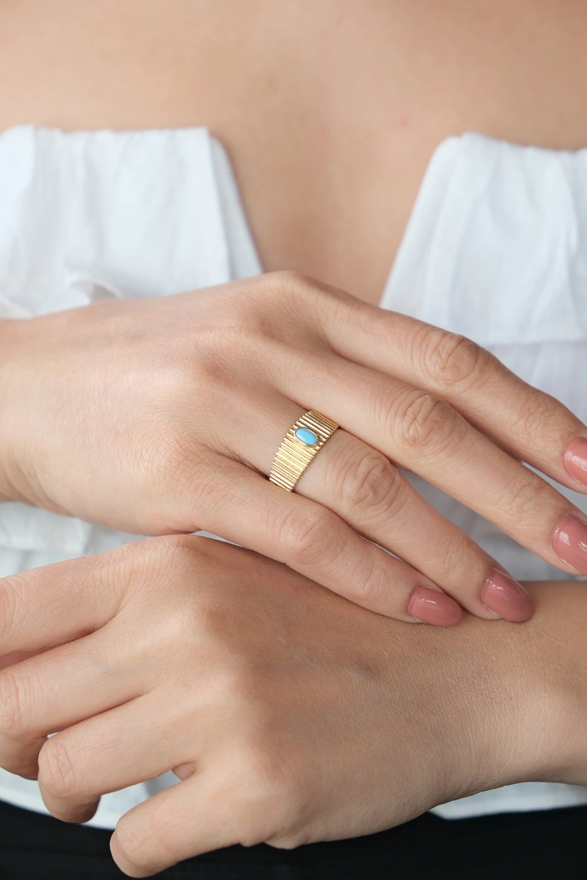 Asil 14 Ayar Mavi Taş Detay Altın Yüzük YZK3342