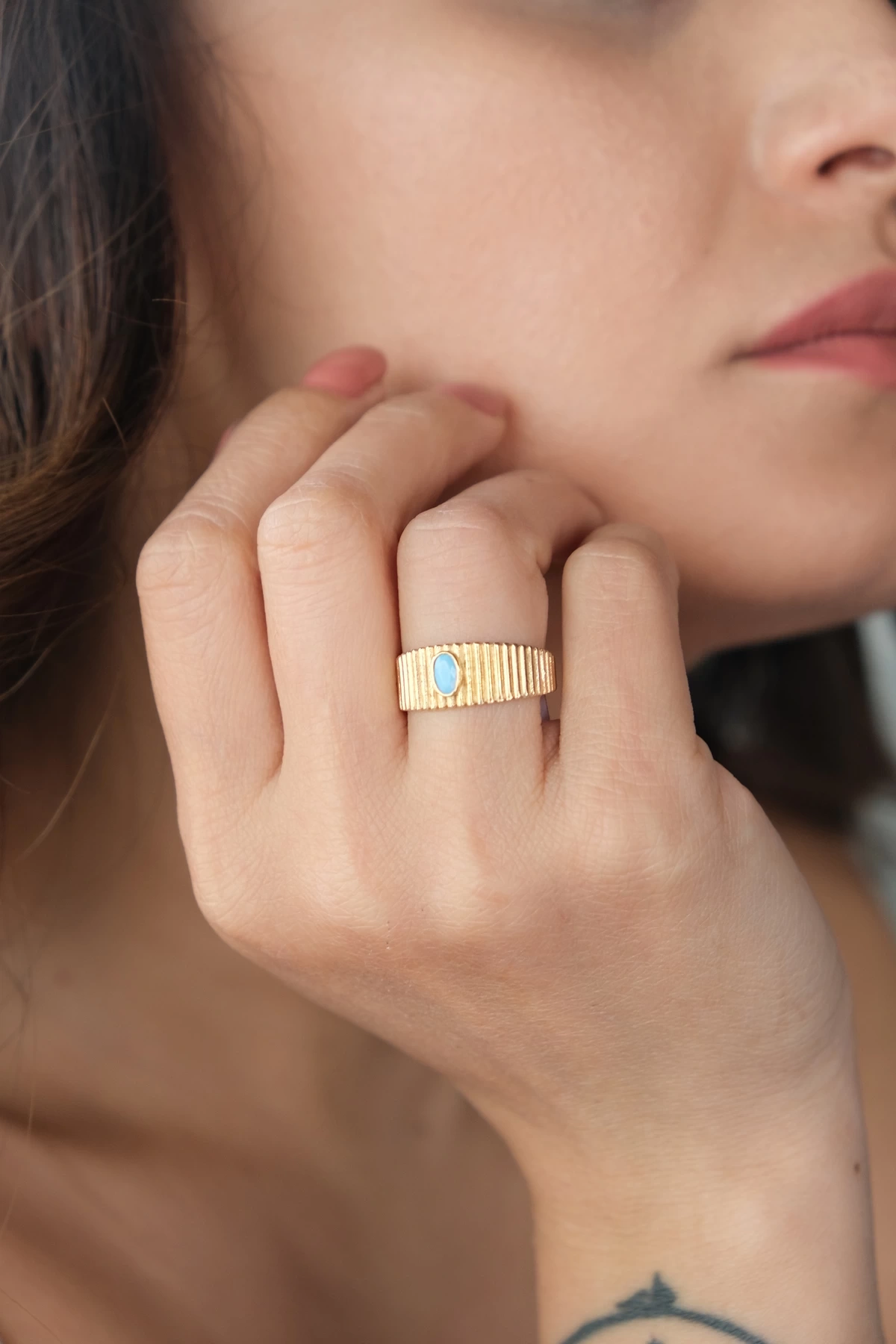 Asil 14 Ayar Mavi Taş Detay Altın Yüzük YZK3342