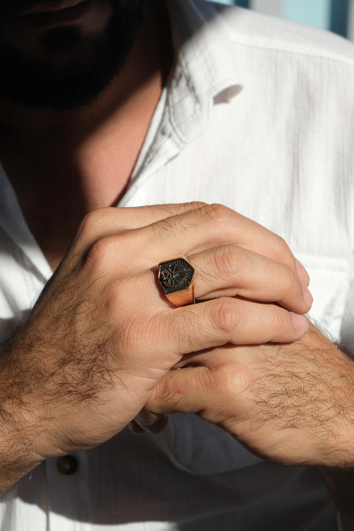 Asil 14 Ayar Siyah Taşlı Erkek Şövalye Altın Yüzük YZK1890