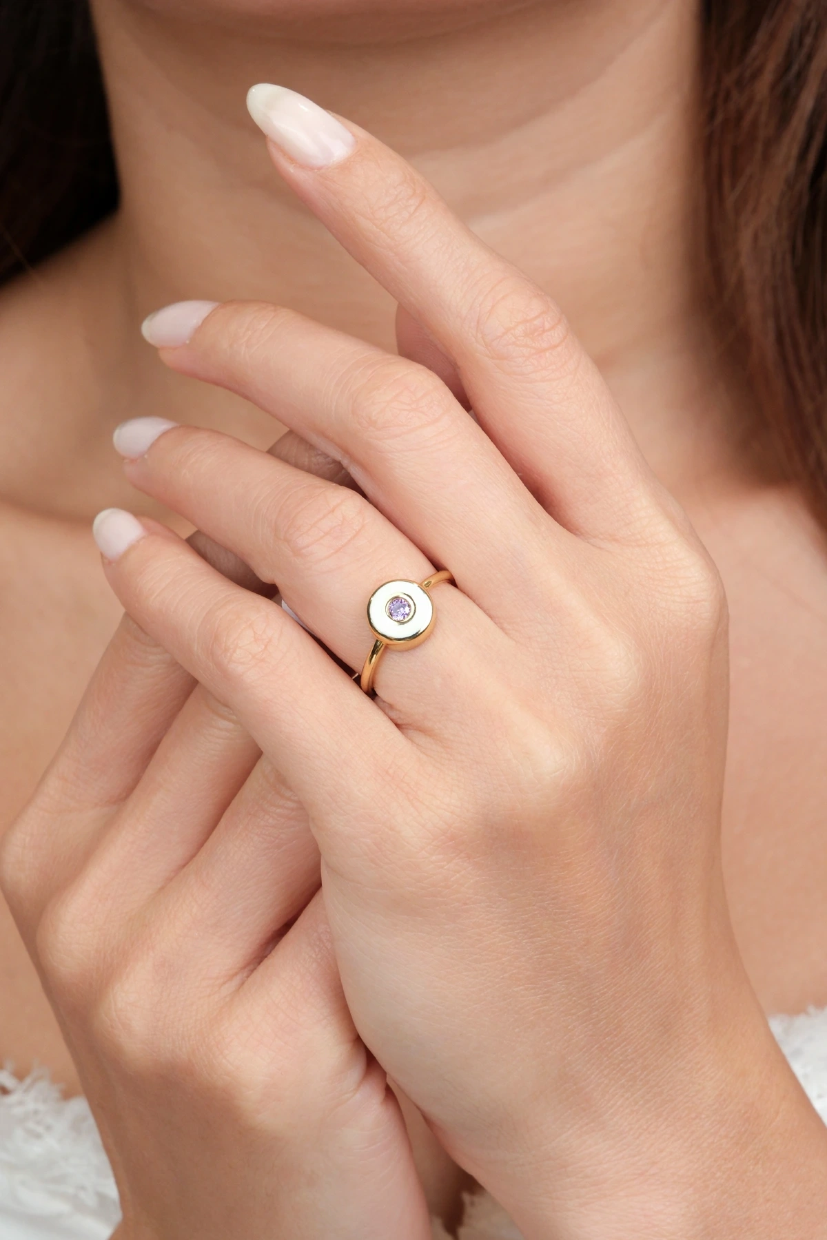 Asil 14 Ayar Beyaz Mineli Altın Yüzük YZK3230