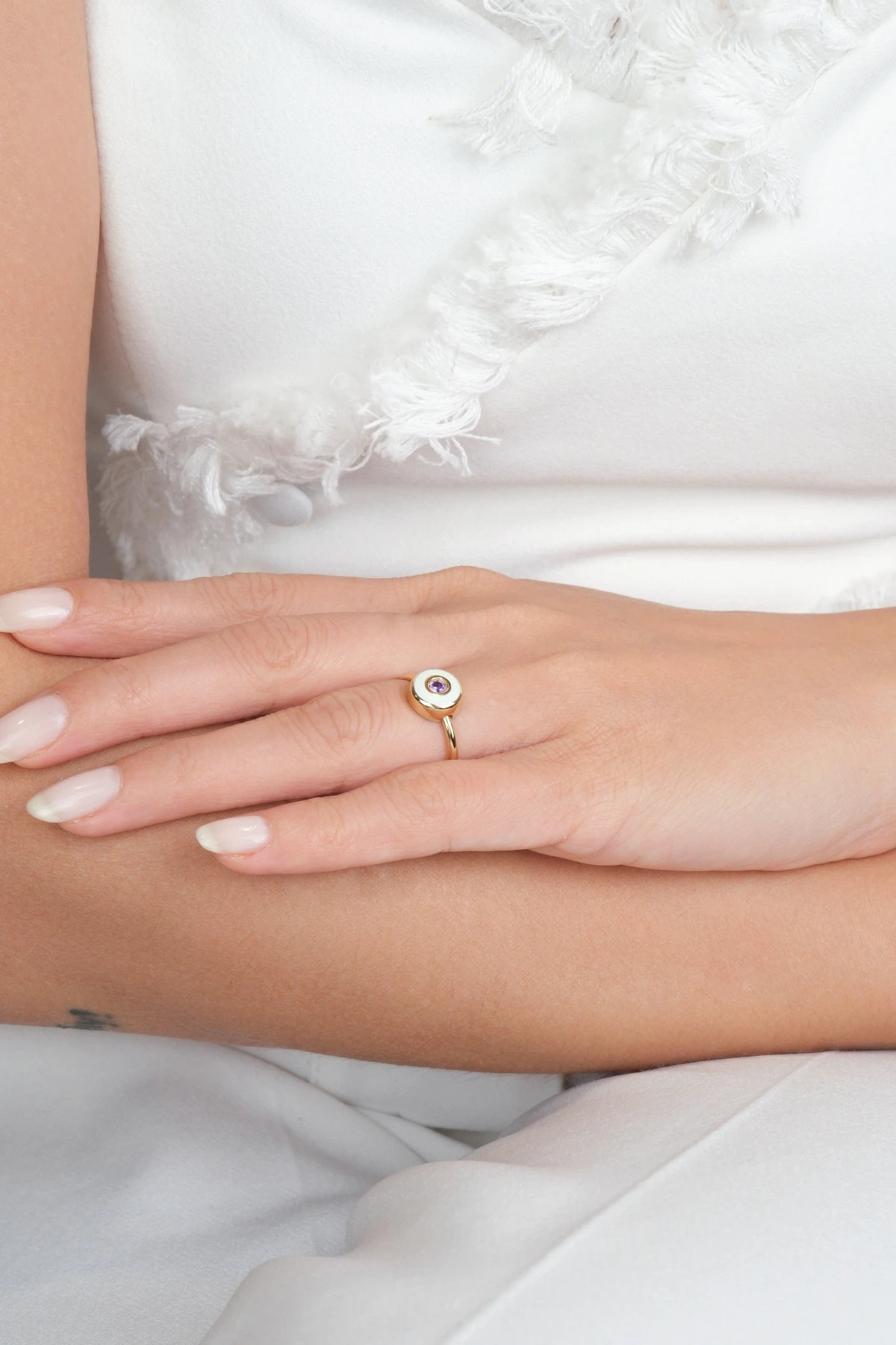 Asil 14 Ayar Beyaz Mineli Altın Yüzük YZK3230