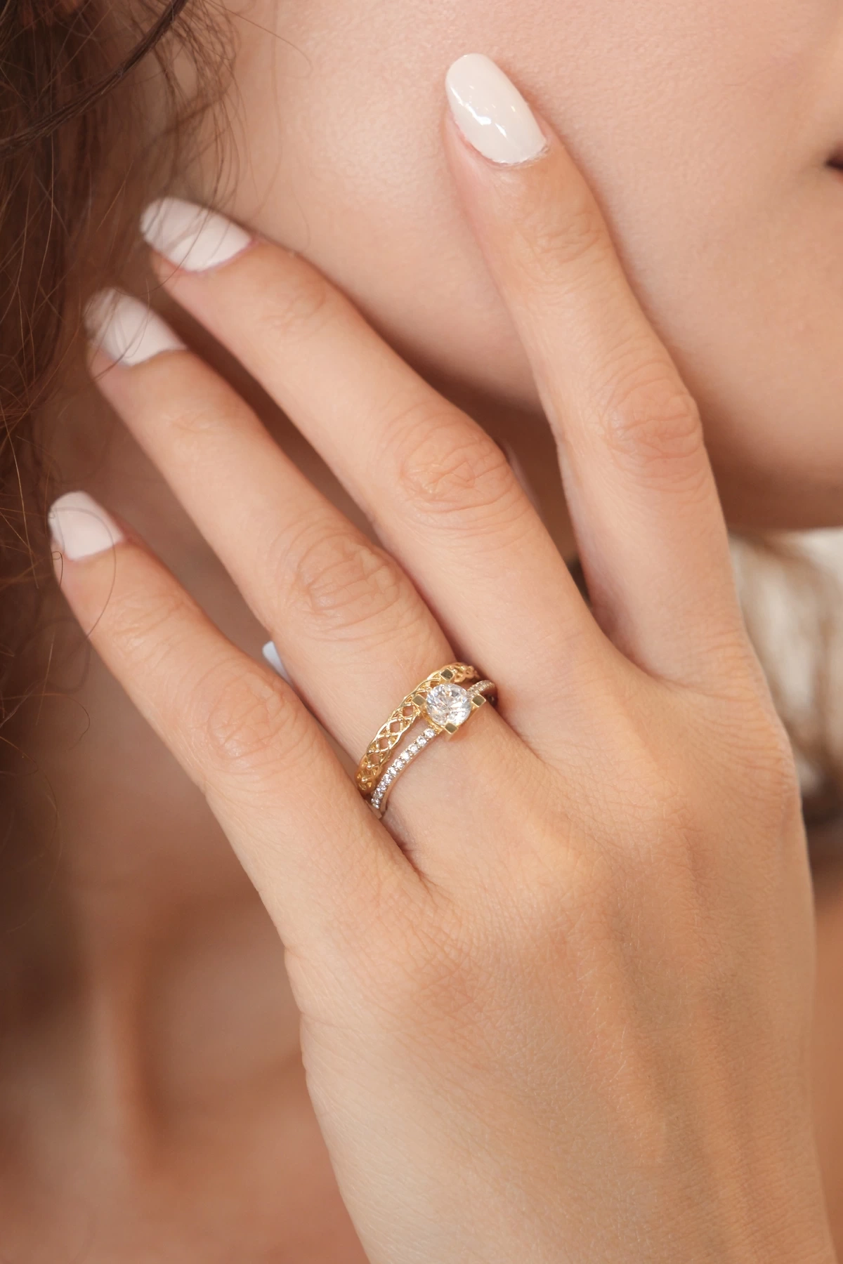 Asil 14 Ayar Çift Görünen Tek Taş Altın Yüzük YZK1449