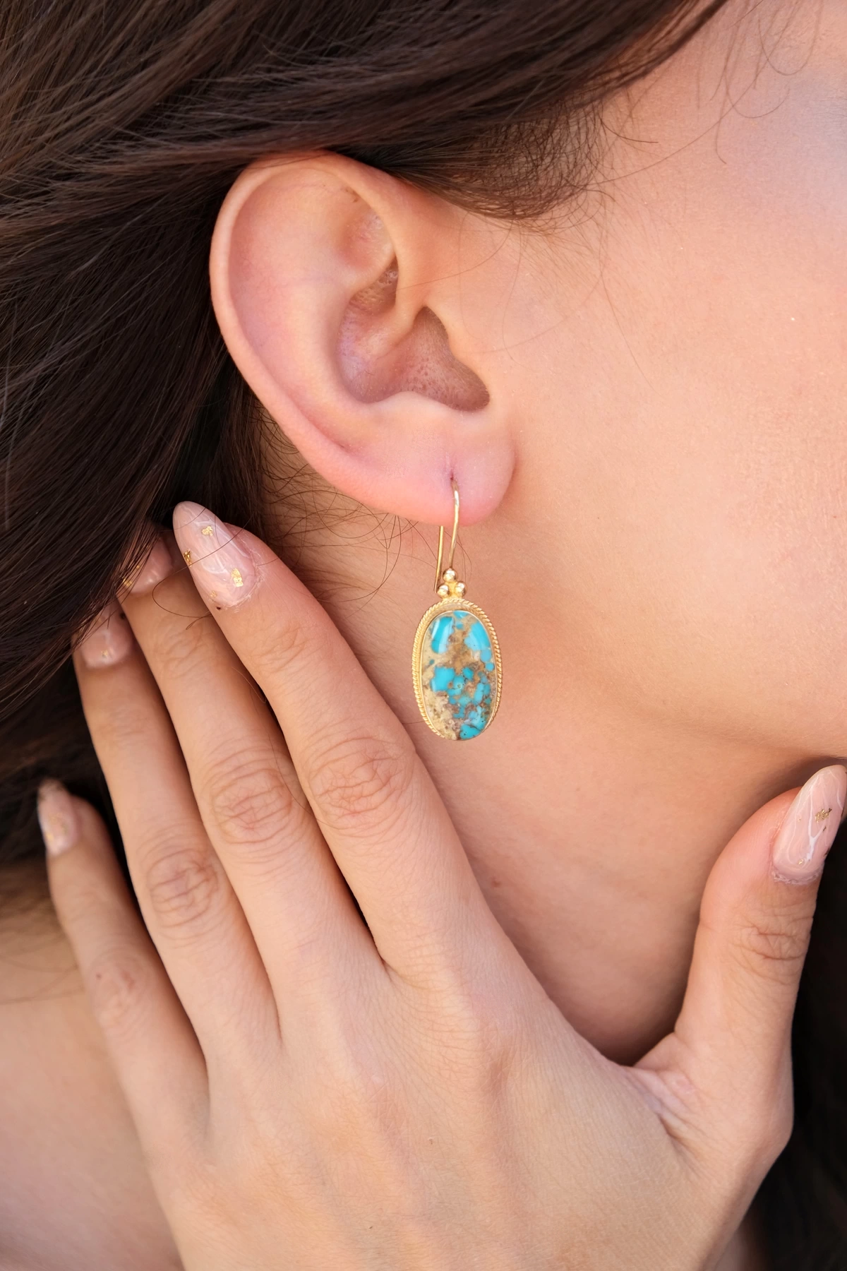 Asil 14 Ayar Doğal Oval Firuze Taşı Altın Küpe KP3258