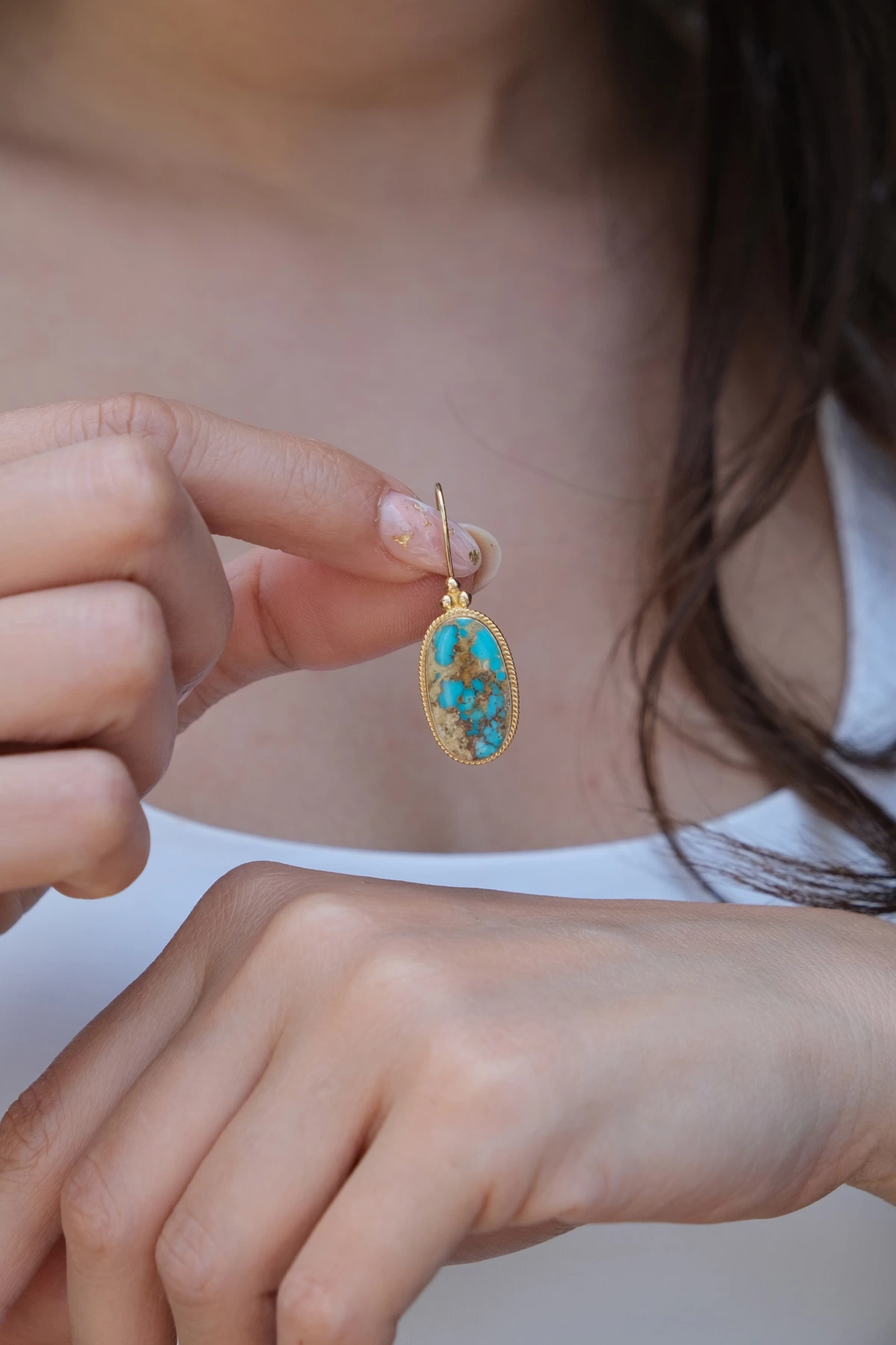 Asil 14 Ayar Doğal Oval Firuze Taşı Altın Küpe KP3258