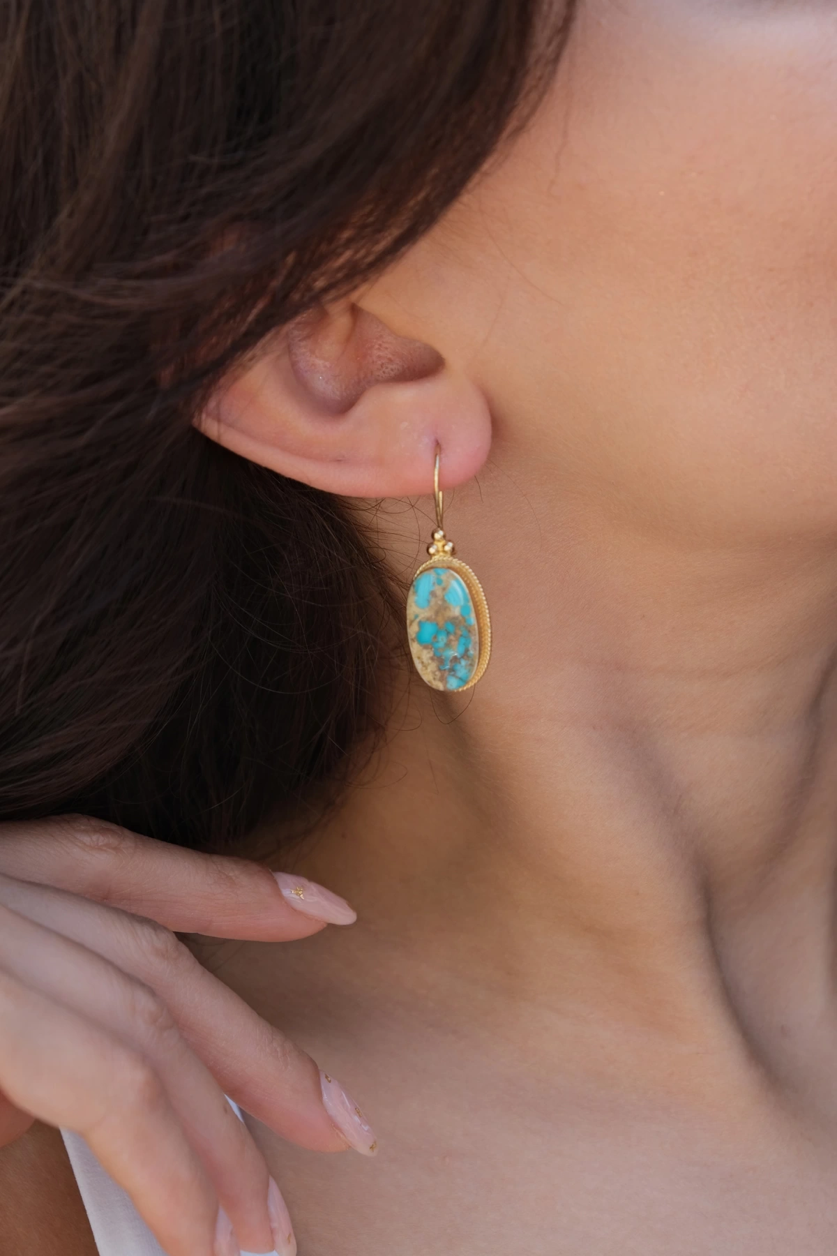 Asil 14 Ayar Doğal Oval Firuze Taşı Altın Küpe KP3258