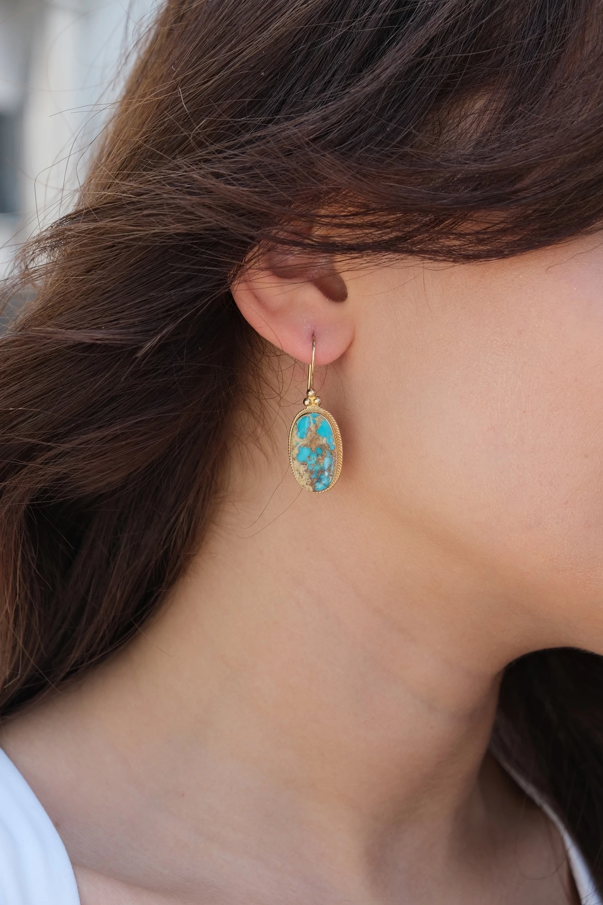 Asil 14 Ayar Doğal Oval Firuze Taşı Altın Küpe KP3258