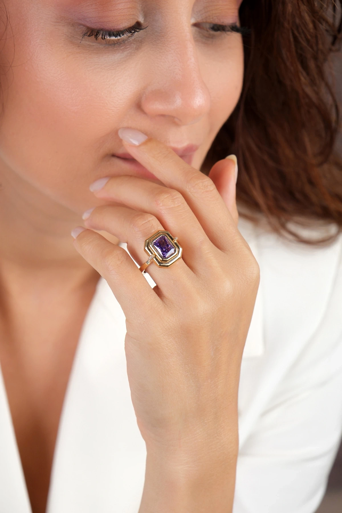 Asil 14 Ayar Emerald Kesim Pembe Taşlı Altın Yüzük YZK3725