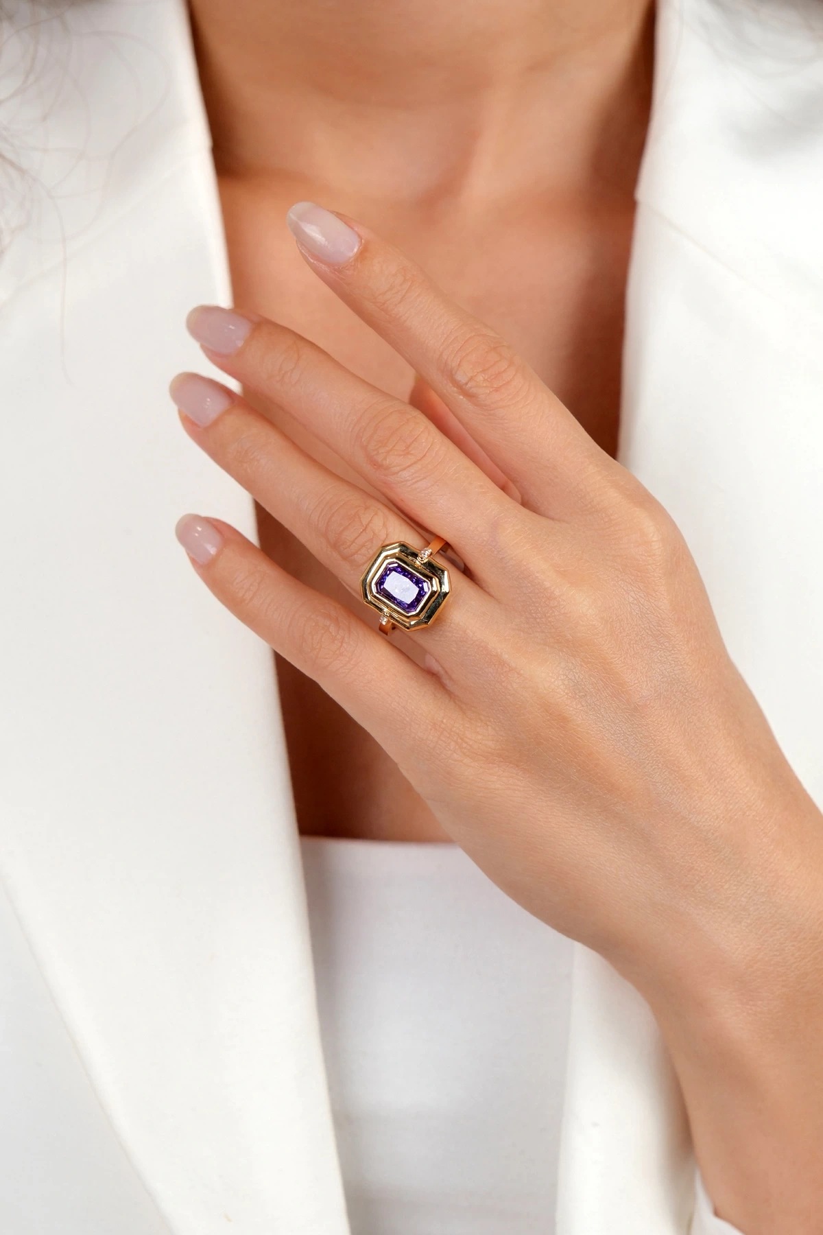 Asil 14 Ayar Emerald Kesim Pembe Taşlı Altın Yüzük YZK3725