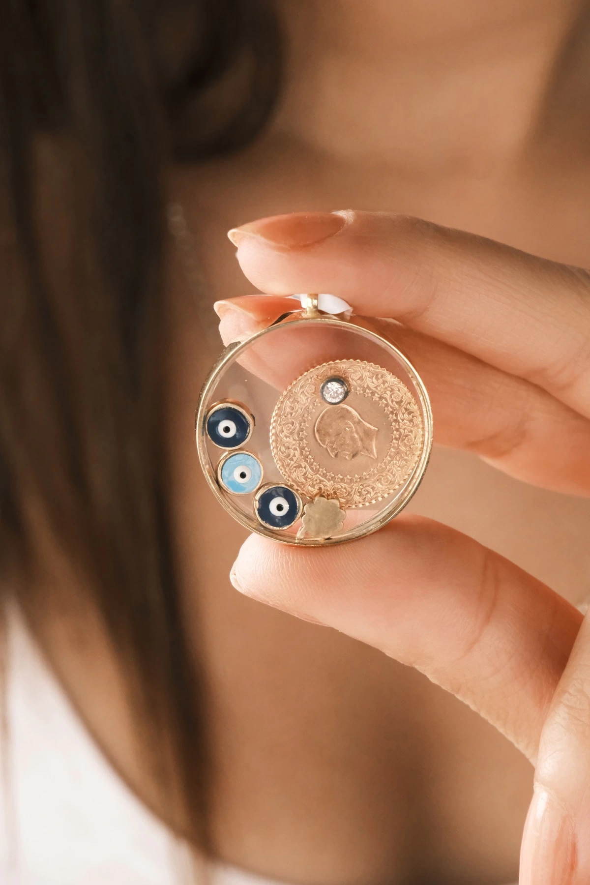 Asil 14 Ayar Kulplu Çeyrekli Cam Kapsül Altın Kolye Ucu KLU1621