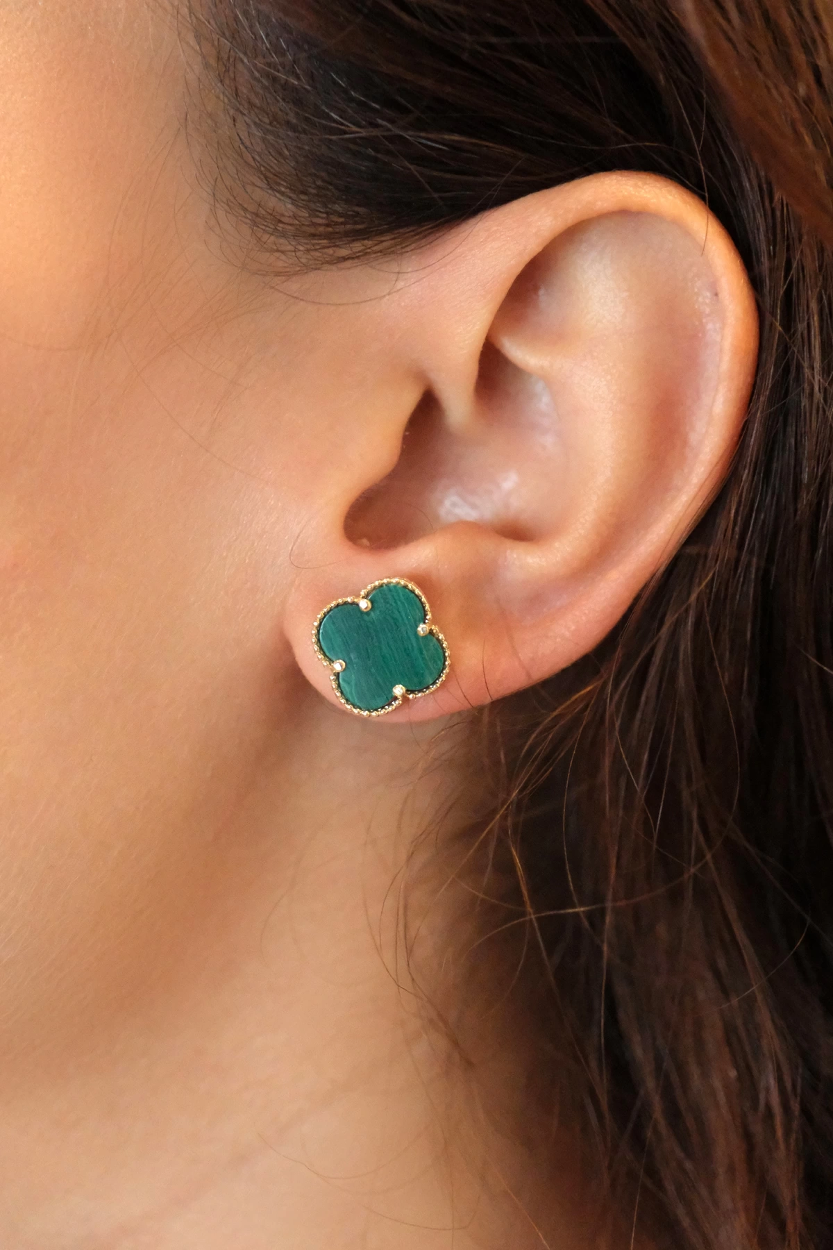 Asil 14 Ayar Malahit Yonca Çivi Altın Küpe KP4255