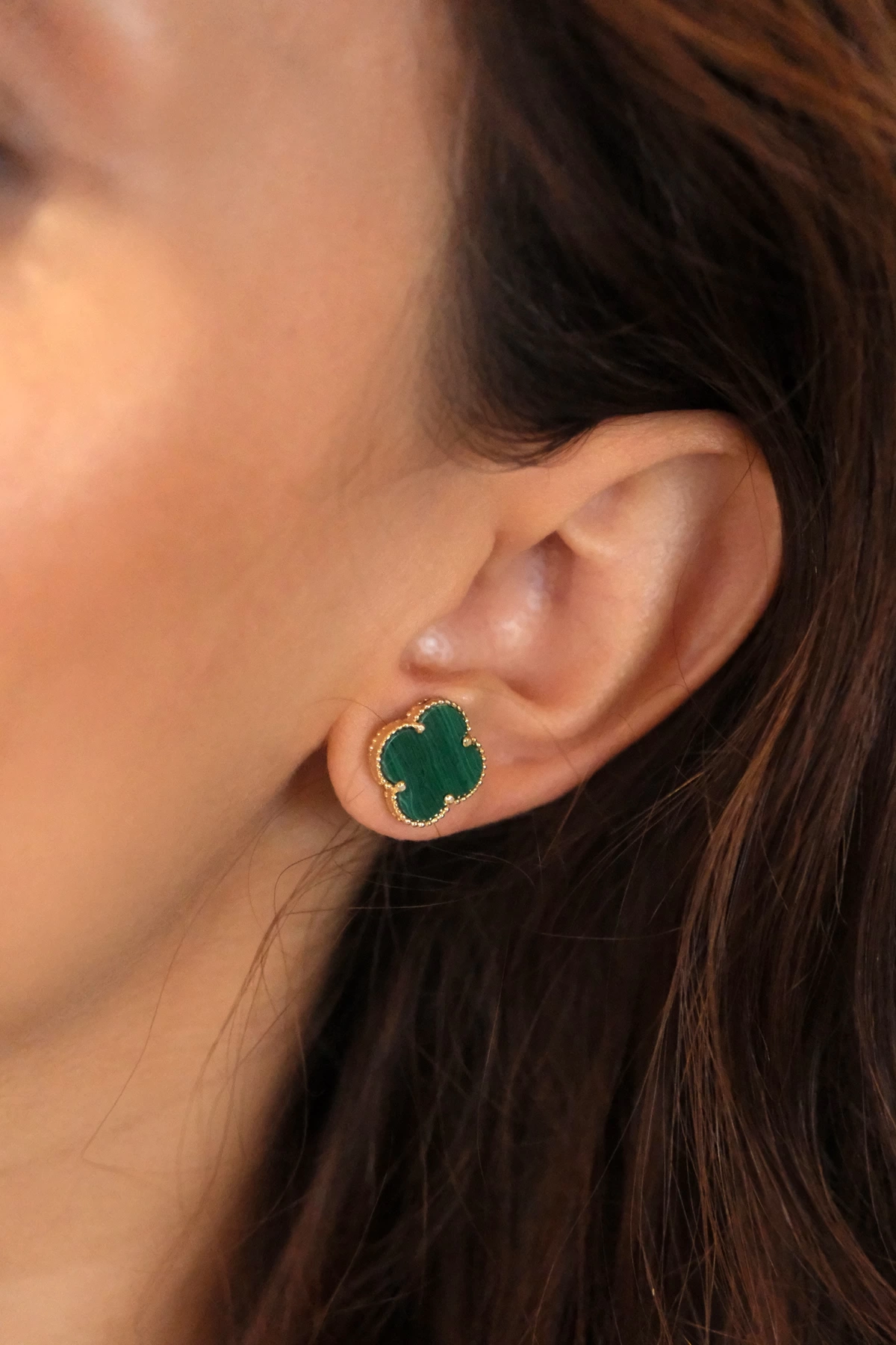 Asil 14 Ayar Malahit Yonca Çivi Altın Küpe KP4255