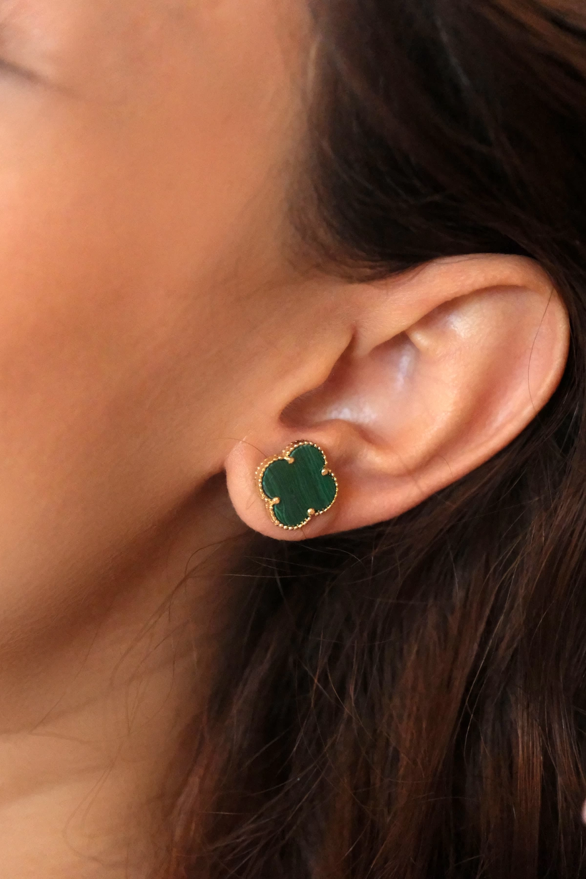 Asil 14 Ayar Malahit Yonca Çivi Altın Küpe KP4255