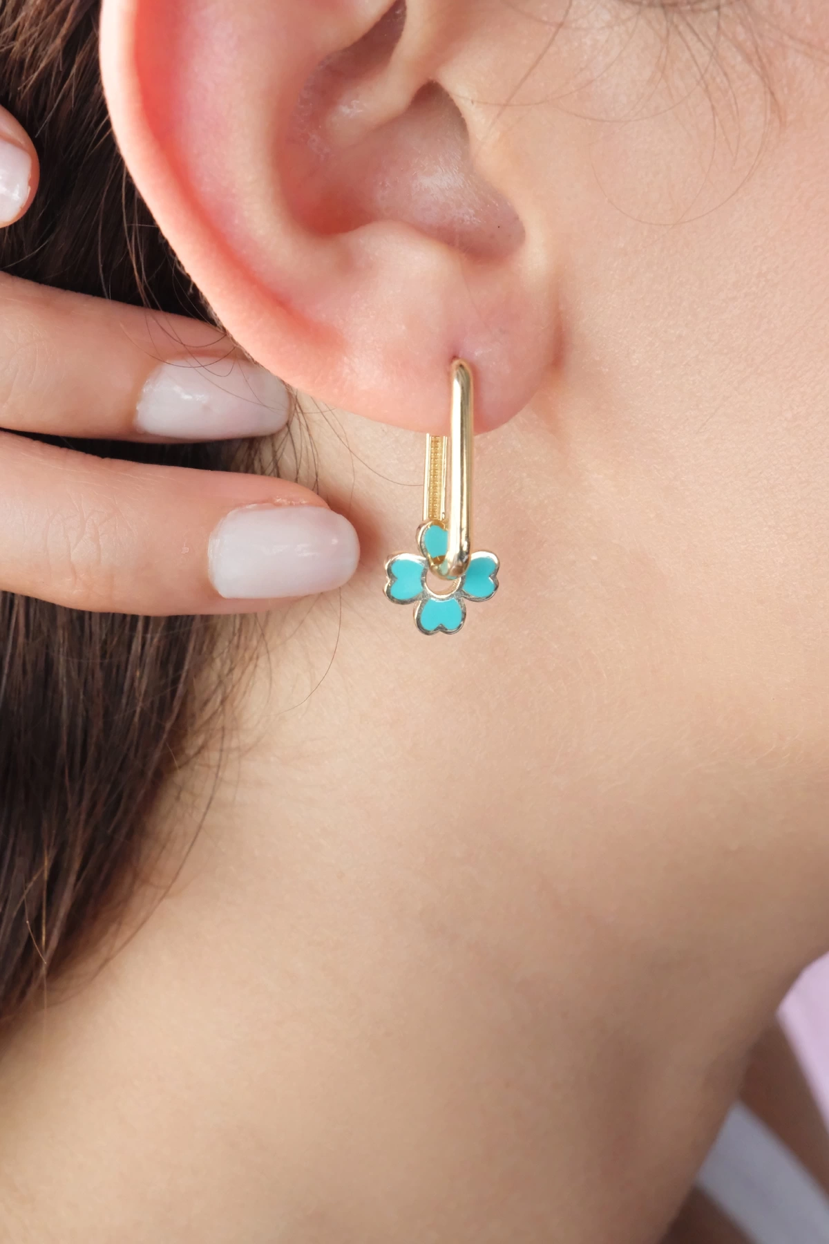 Asil 14 Ayar Mavi Mineli Halka Altın Küpe KP5099