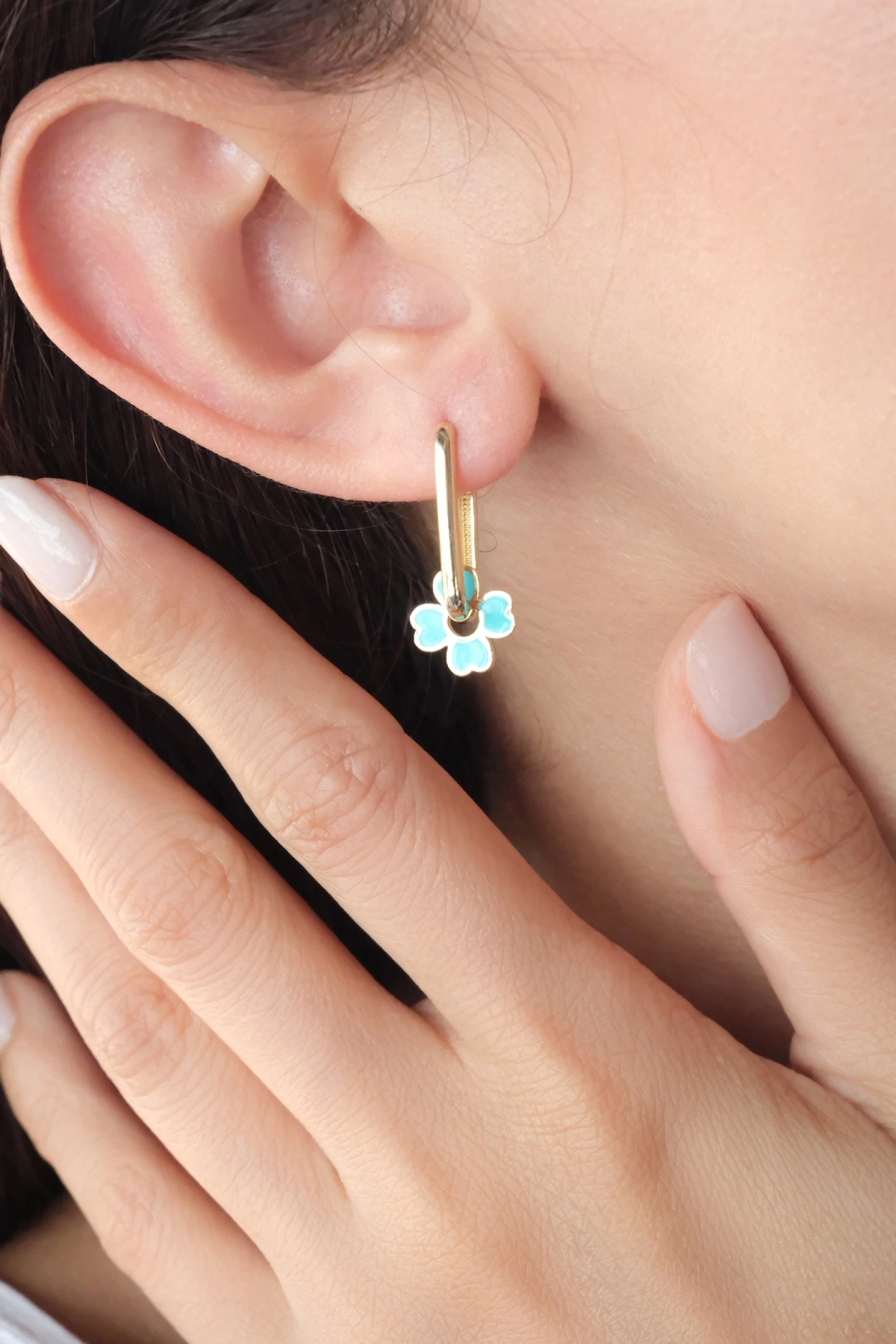 Asil 14 Ayar Mavi Mineli Halka Altın Küpe KP5099