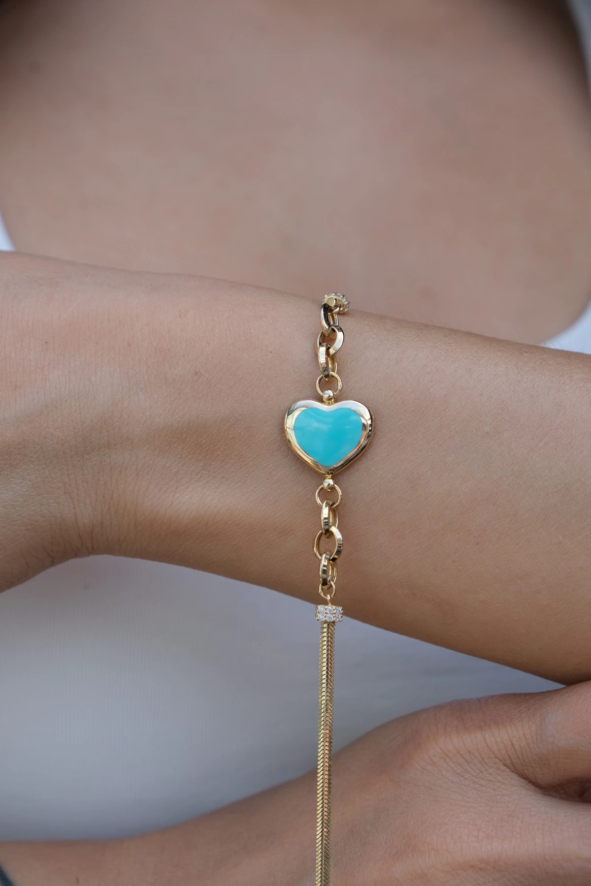 Asil 14 Ayar Mavi Mineli Kalp Altın Bileklik BLK5541