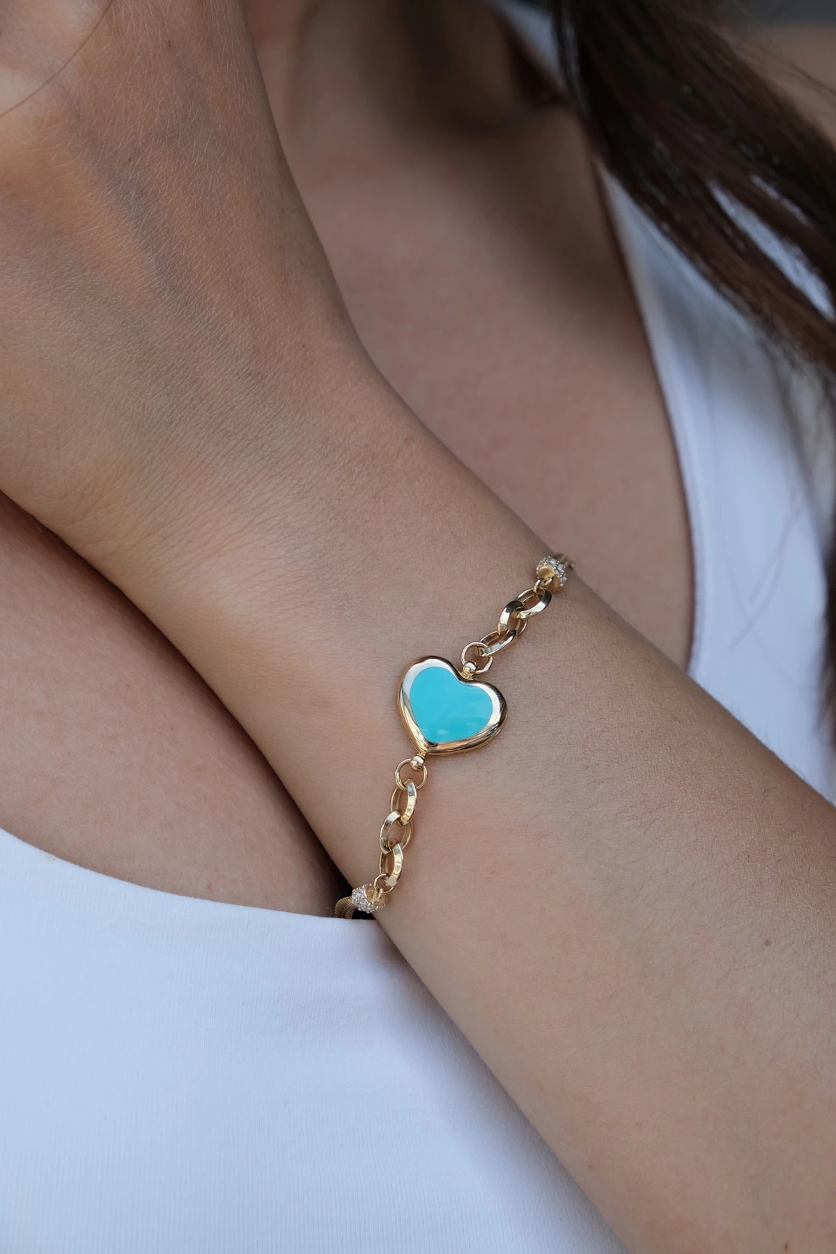 Asil 14 Ayar Mavi Mineli Kalp Altın Bileklik BLK5541