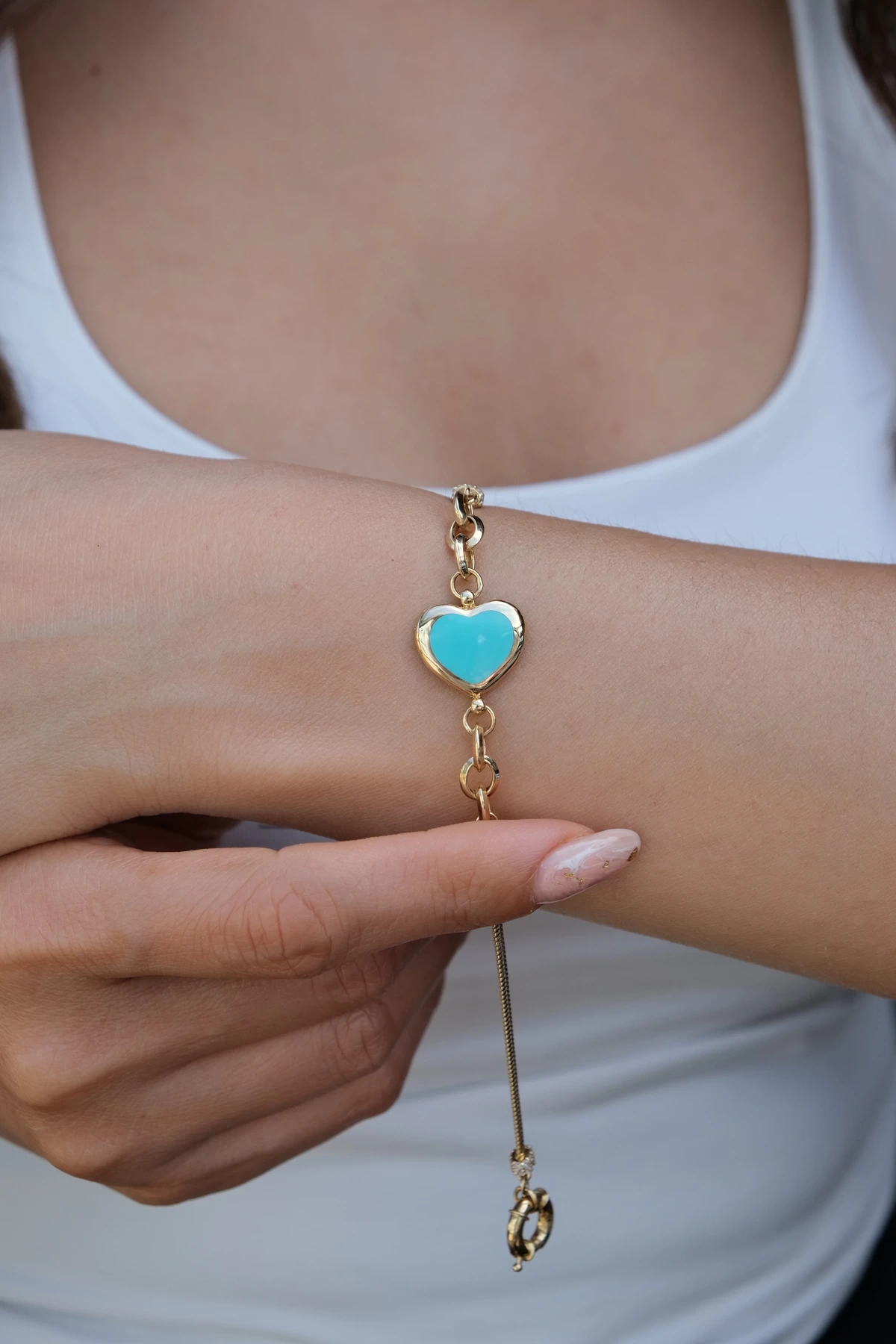 Asil 14 Ayar Mavi Mineli Kalp Altın Bileklik BLK5541