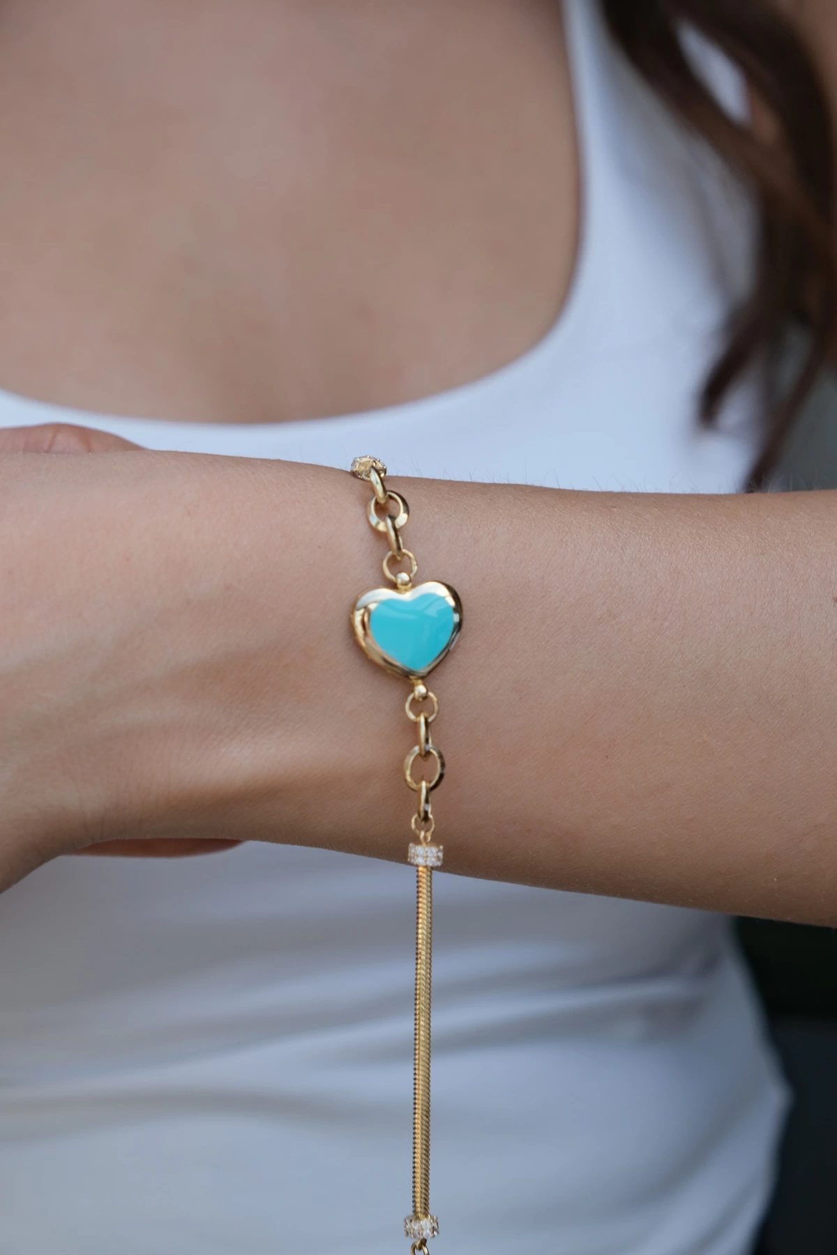 Asil 14 Ayar Mavi Mineli Kalp Altın Bileklik BLK5541